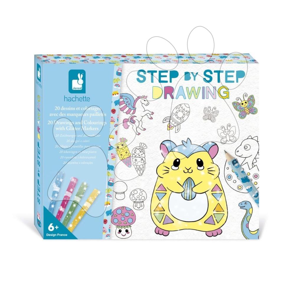 Kreatívna sada Kreslenie krok za krokom Drawings and Colourings with Glitter Markers Step by Step Janod s fixkami od 6 rokov J09157