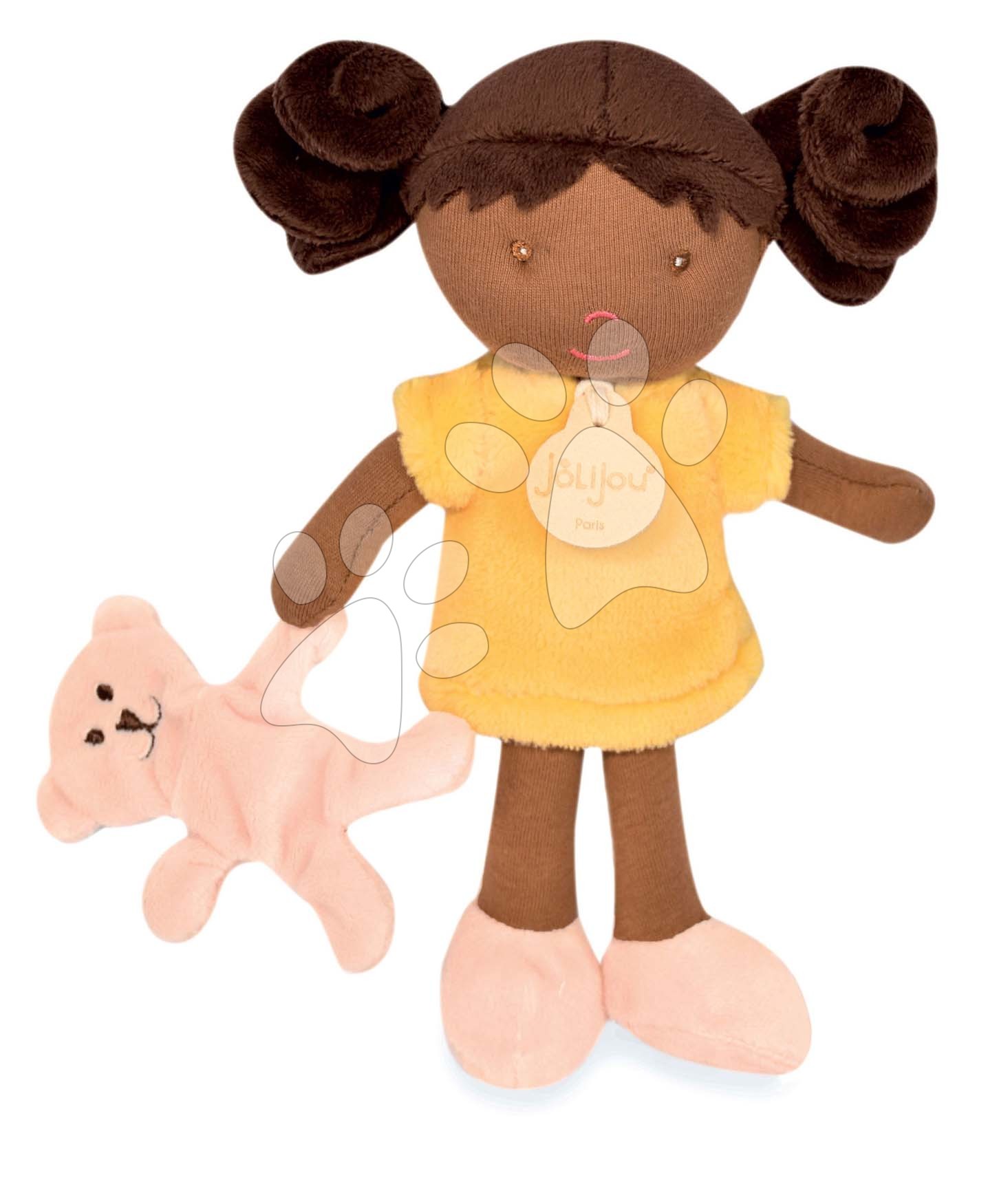 E-shop Bábika pre bábätká Mrs Vanilla My First Doll Jolijou 21 cm v žltých šatách so psíkom z jemného textilu od 0 mes