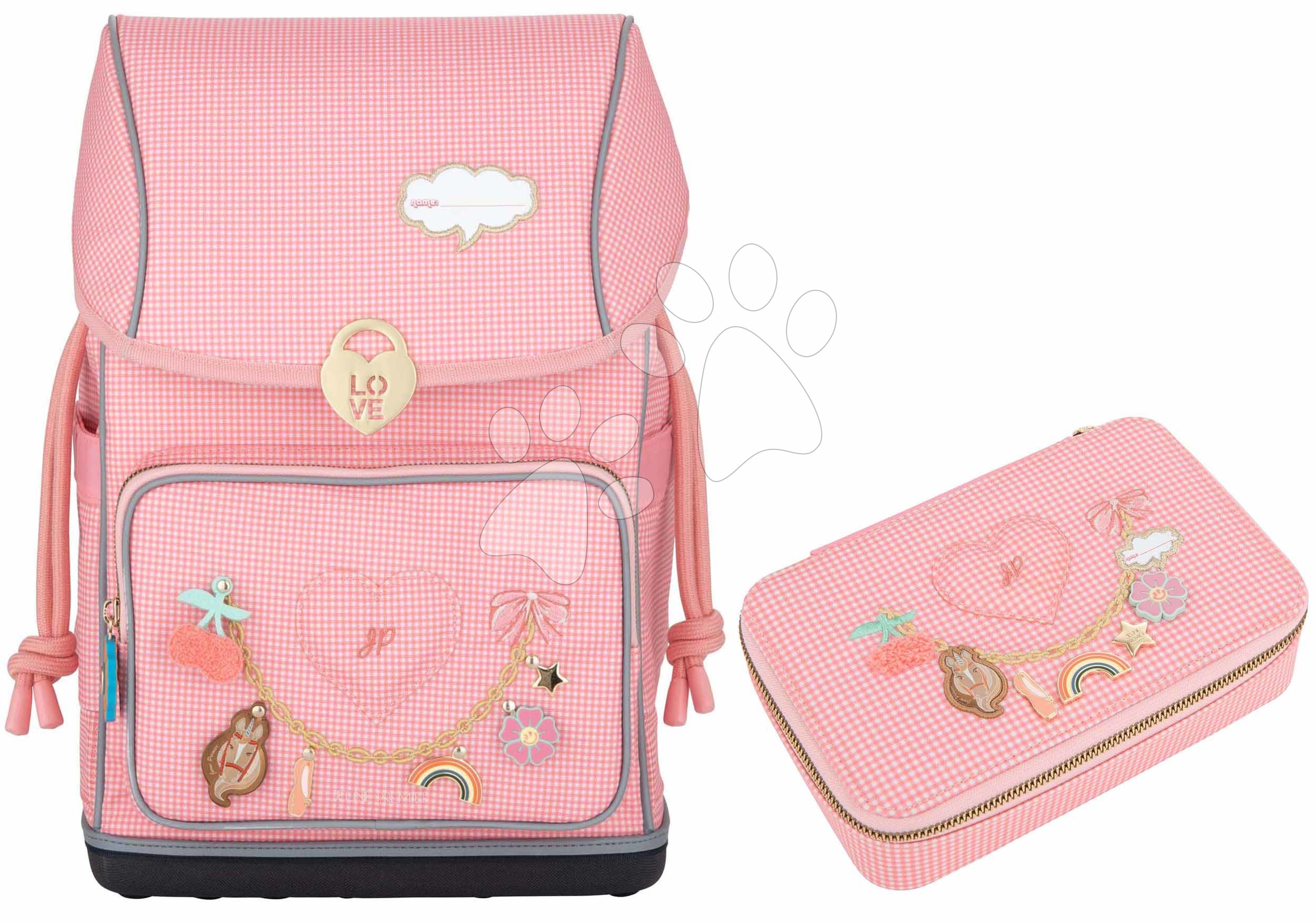 Set školský batoh veľký Ergomaxx Vichy Love Pink a peračník s písacími potrebami Jeune Premier ergonomický luxusné prevedenie