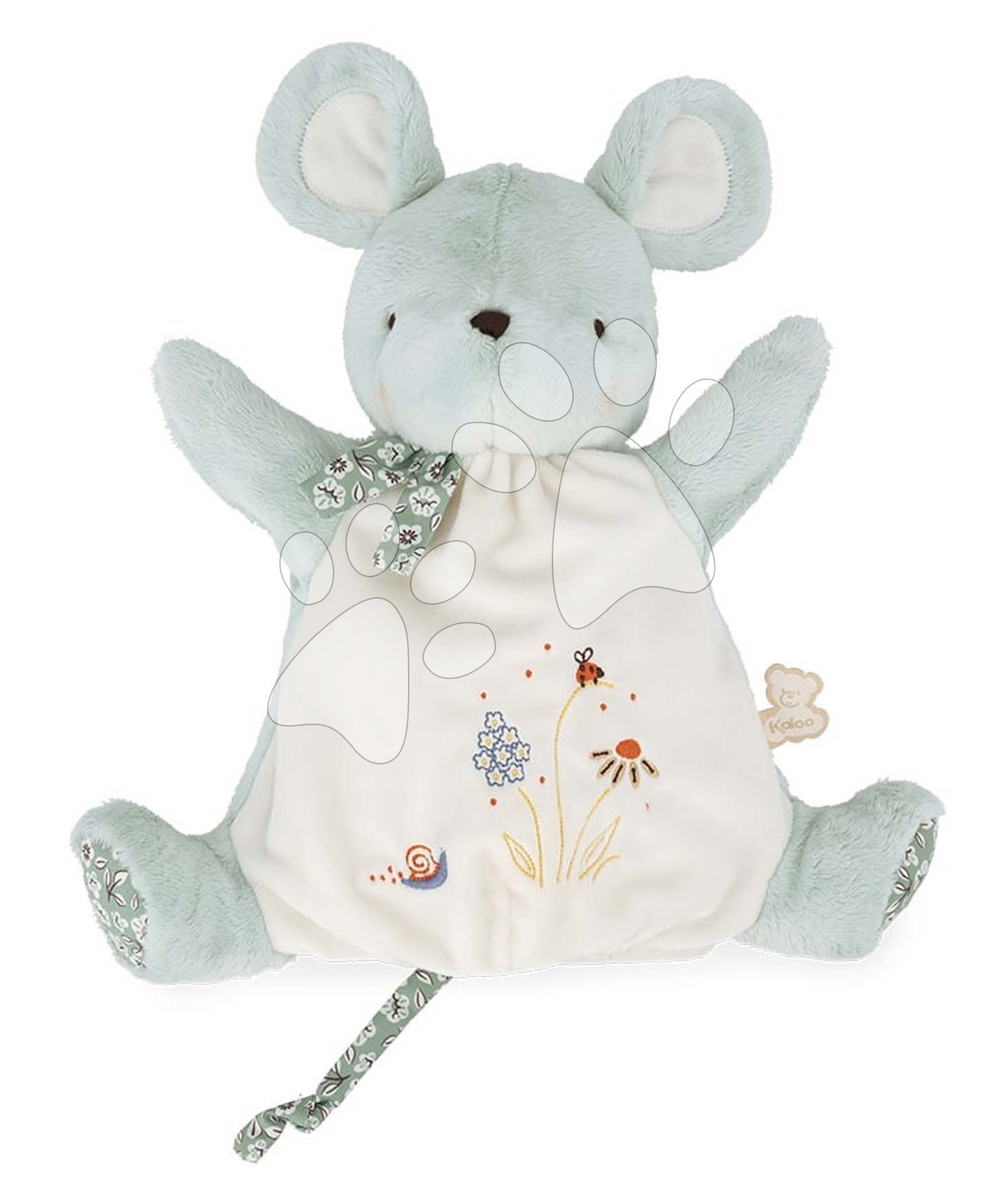 Plüss egérke kesztyűbáb Mouse Doudou Puppet Petites Chansons Kaloo zöld 24 cm puha plüssből 0 hó-tól