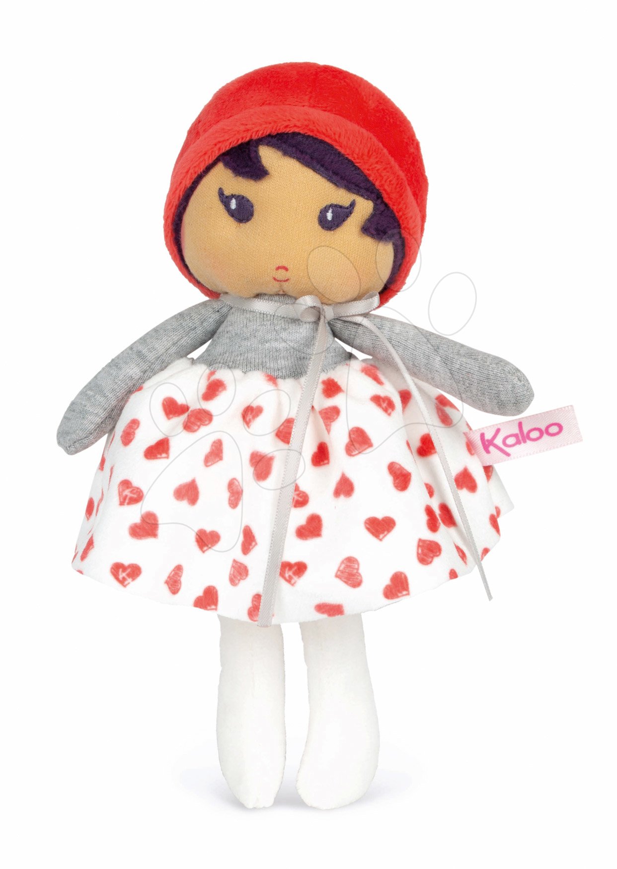 Panenka pro miminka Jade K Doll Tendresse Kaloo 18 cm v srdíčkových šatech z jemného textilu v dárkovém balení od 0 měsíců