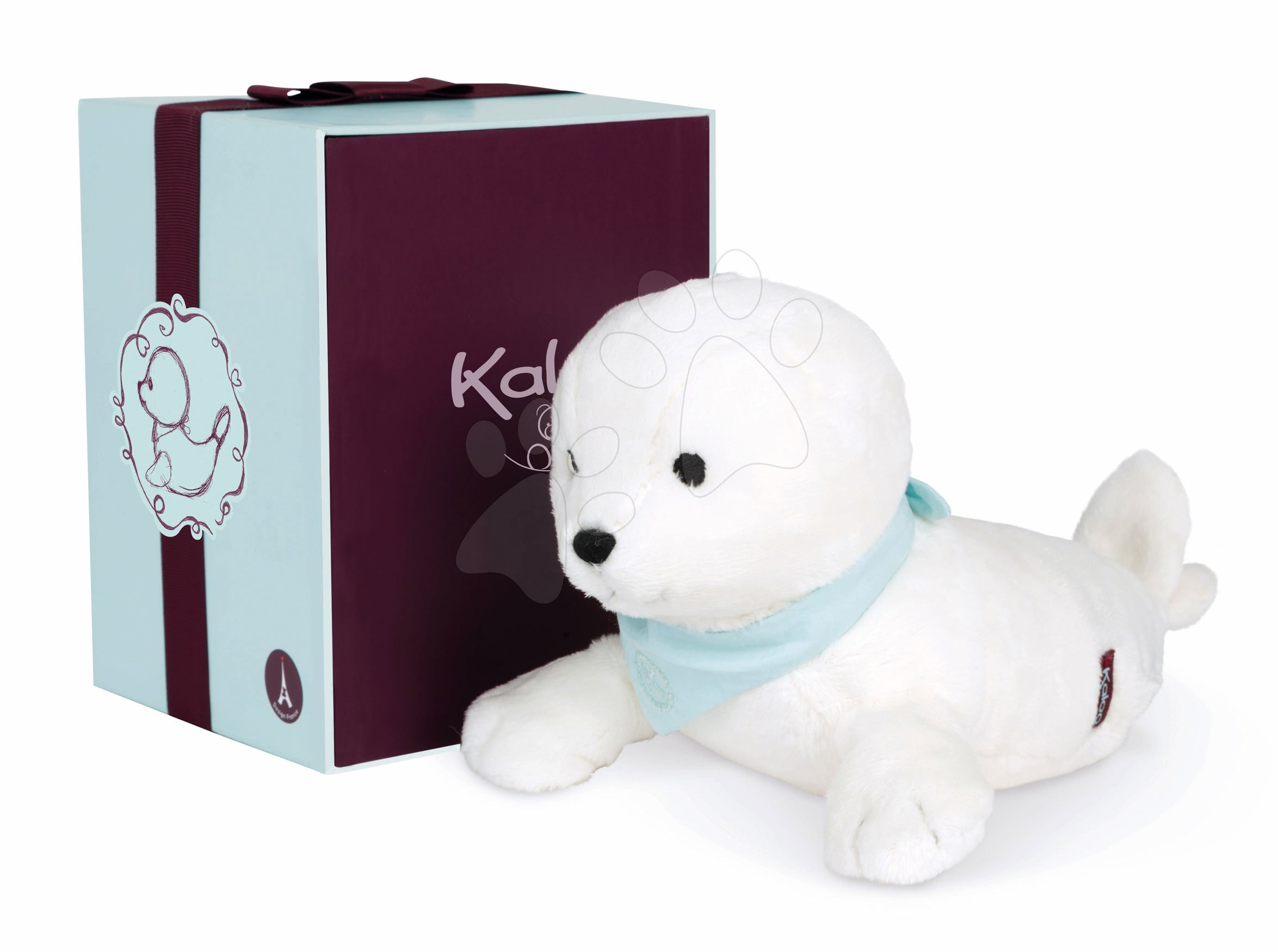 Jucării de pluș și textile - Focă de pluș Seal Les Amis Kaloo albă cu eșarfă 19 cm din pluș moale în cutie cadou de la 0 luni