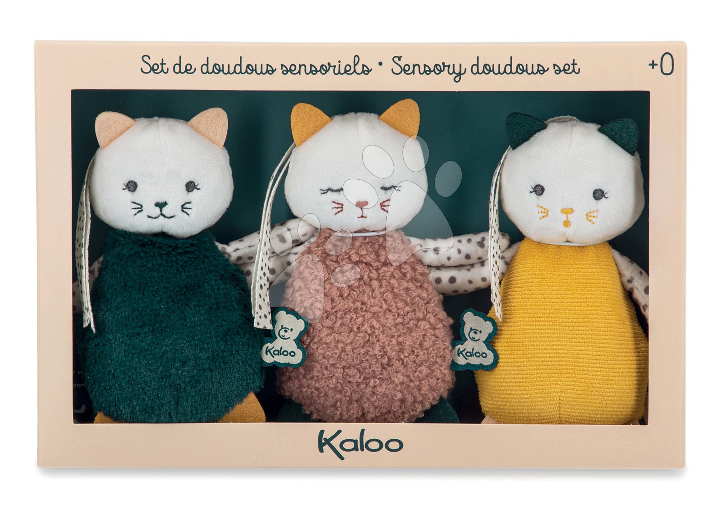 Plyšové mačiatka pre rozvoj zmyslov bábätka Cuddly Kitties Stimuli Kaloo 14 cm zelená hnedá a žltá od 0 mes