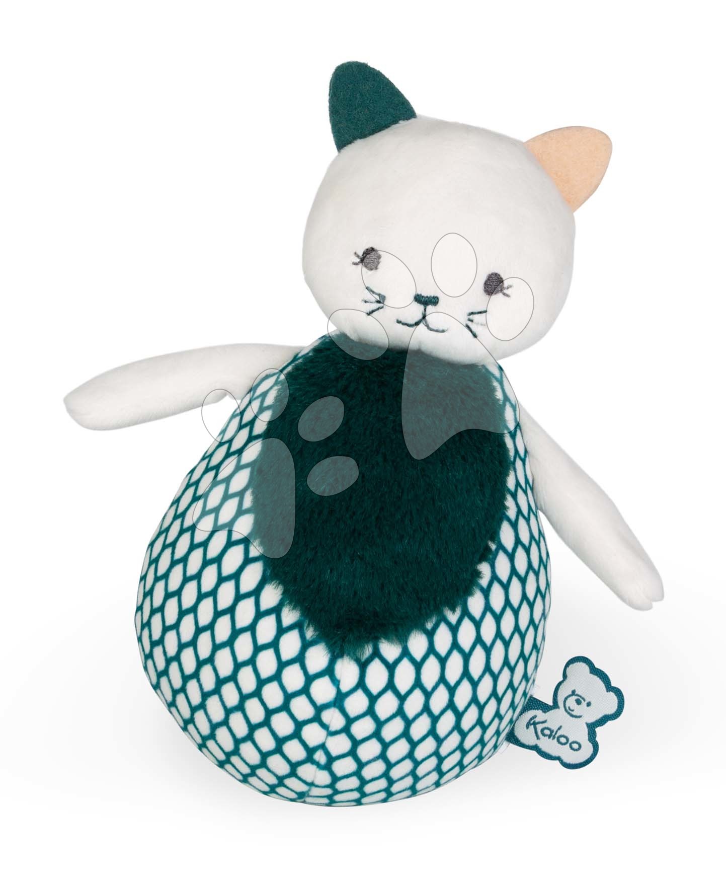 Hračky na mazlení DouDou - Plyšová kočička pro rozvoj smyslů miminka Cat Tumbler Stimuli Kaloo zelená 16,5 cm od 0 měsíců
