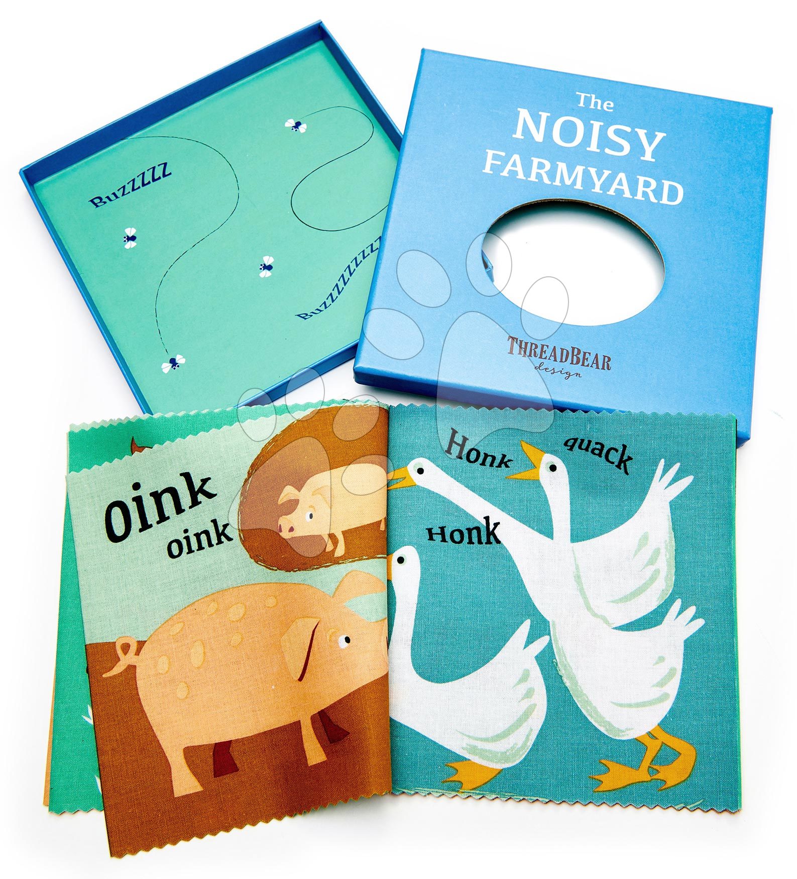 E-shop Textilná knižka Noisy Farmyard Rag Book ThreadBear s 12 domácimi zvieratkami 100% jemná bavlna v darčekovom balení od 0 mes