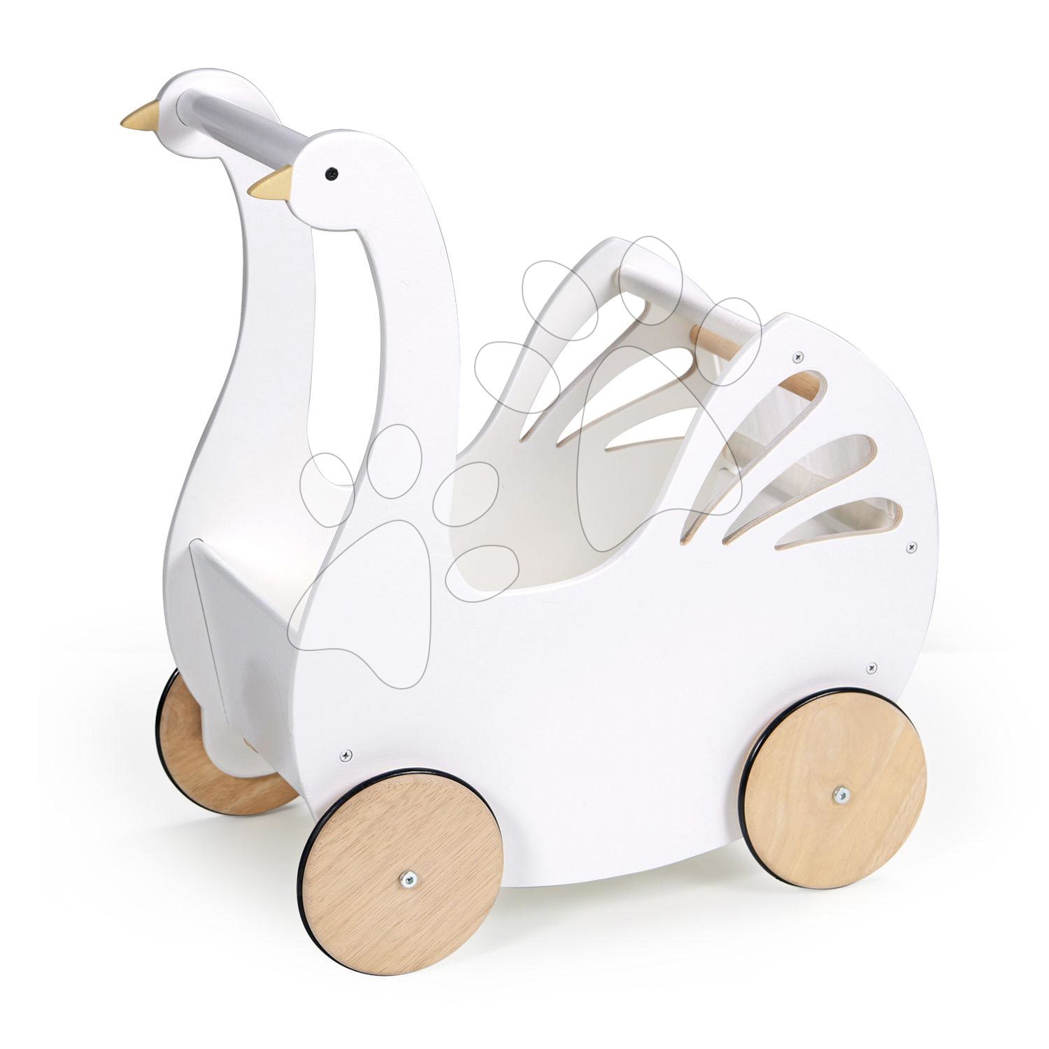 Drevený kočík labuť Sweet Swan Pram Tender Leaf Toys s textilným vankúšom a perinkou pre 36 cm bábiku od 18 mes