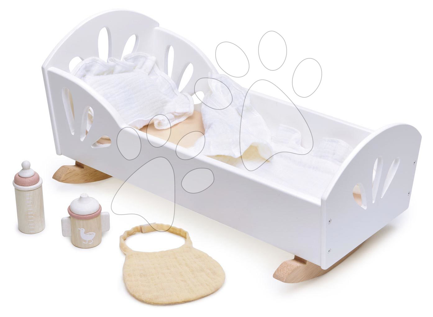 Postieľky a kolísky pre bábiky - Drevená kolíska Labuť Sweet Dreams Dolly Bed Tender Leaf Toys pre 36 cm bábiku s textilným vankúšom a perinkou