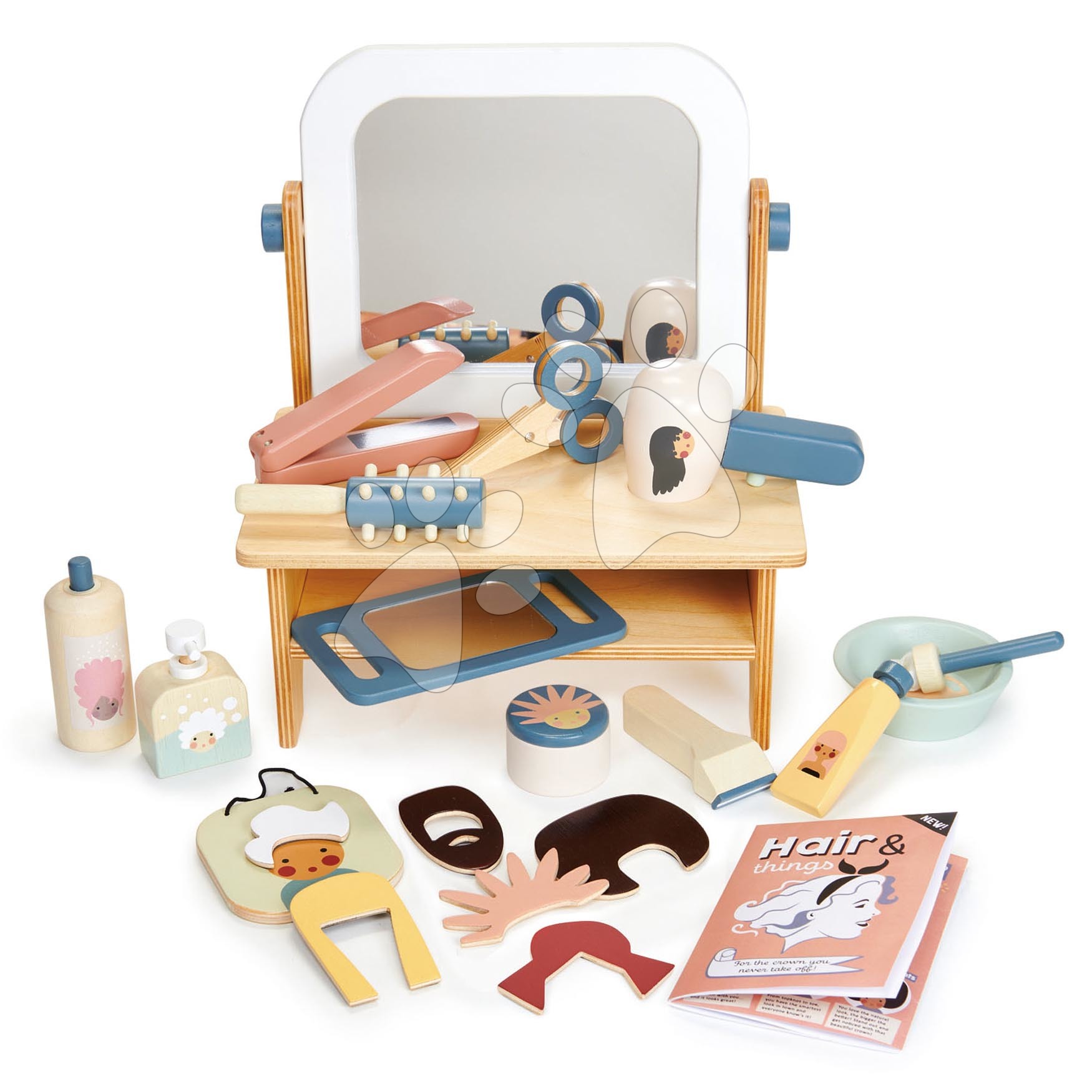 Drevený kadernícky salón pre bábiku Hair Salon Tender Leaf Toys s otočným zrkadlom a 18 doplnkami