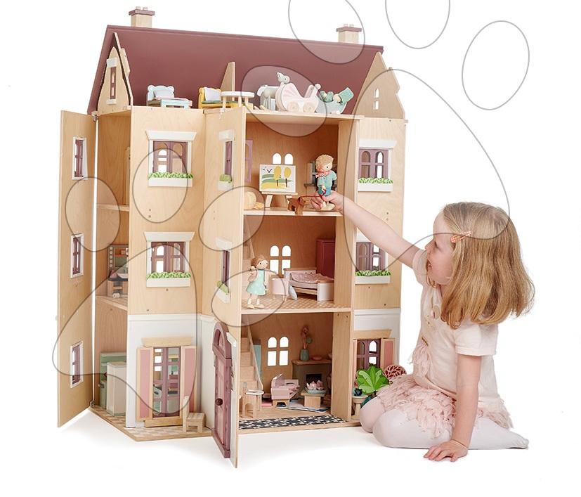 Drevený domček pre bábiku Fantail Hall Tender Leaf Toys 3 poschodový s terasami s rastlinami a lavičkou