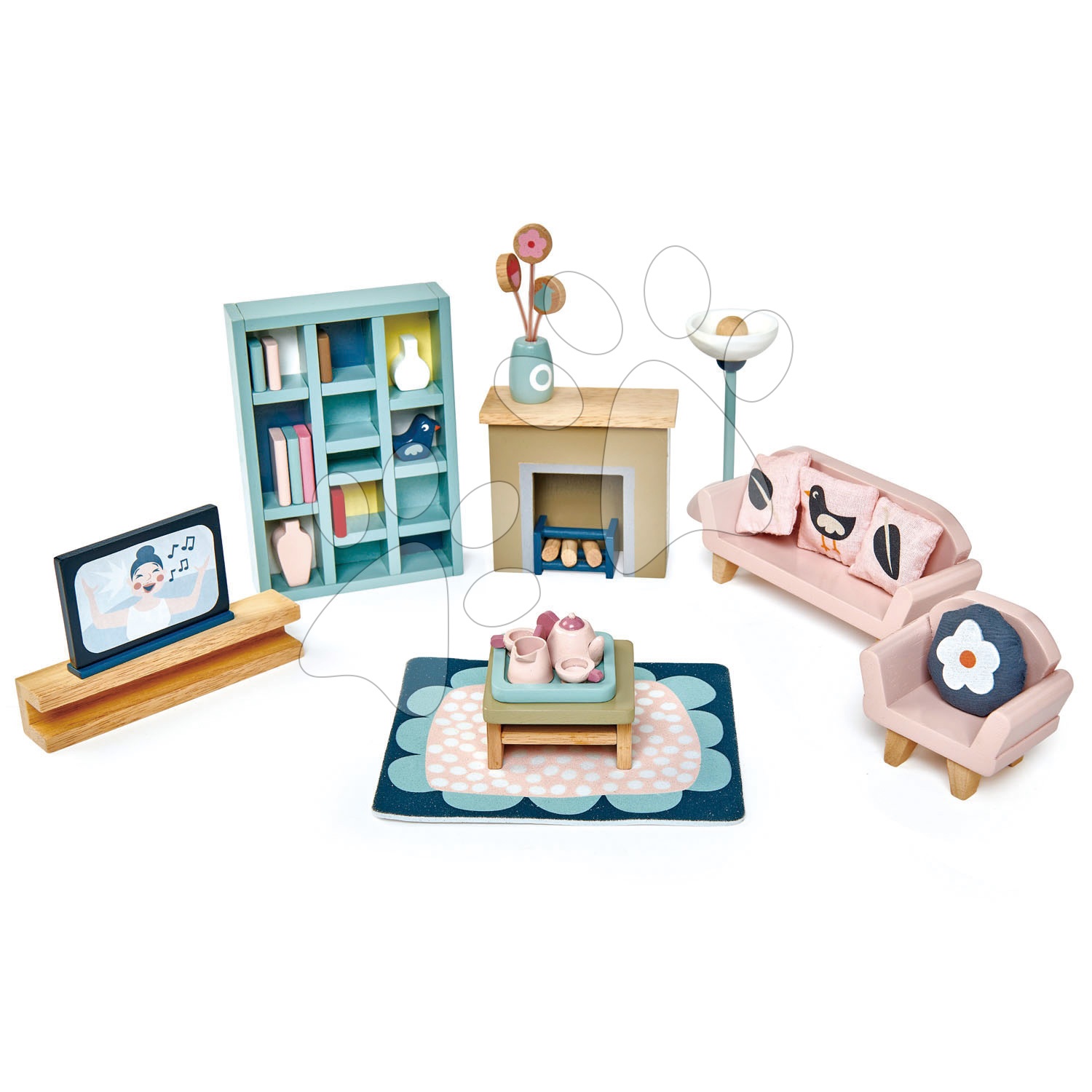 Fa bútorok nappaliba Dovetail Sitting Room Set Tender Leaf Toys 14 darabos készlet komplett felszereléssel