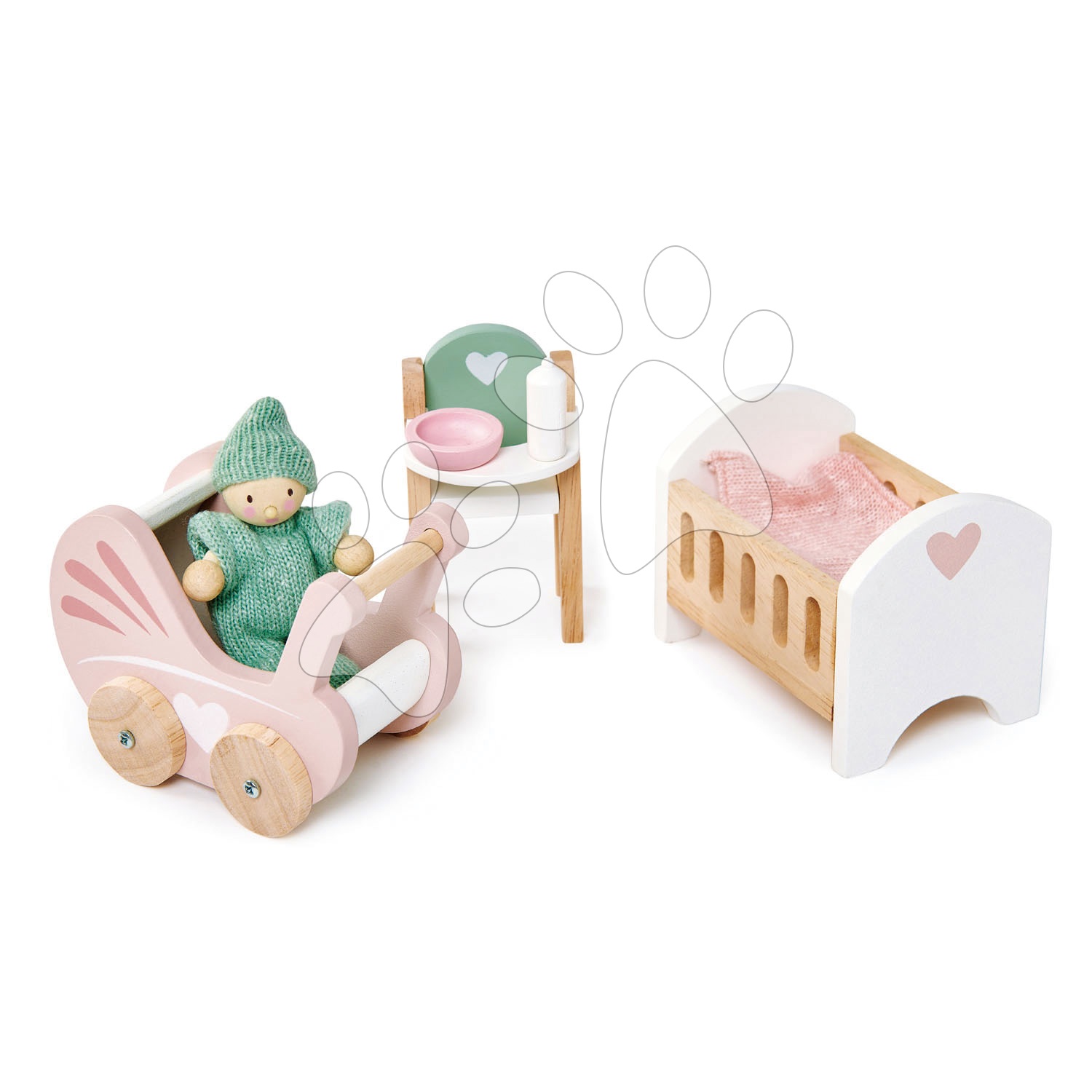 Fa babaszoba Dovetail Nursery Set Tender Leaf Toys figurával rugdalozóban