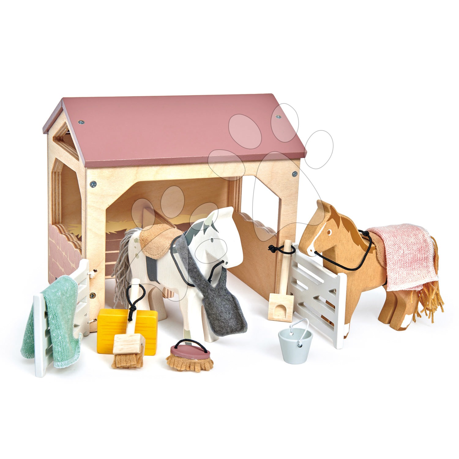 Fa istálló lovakkal The Stables Tender Leaf Toys takaróval és kiegészítőkkel