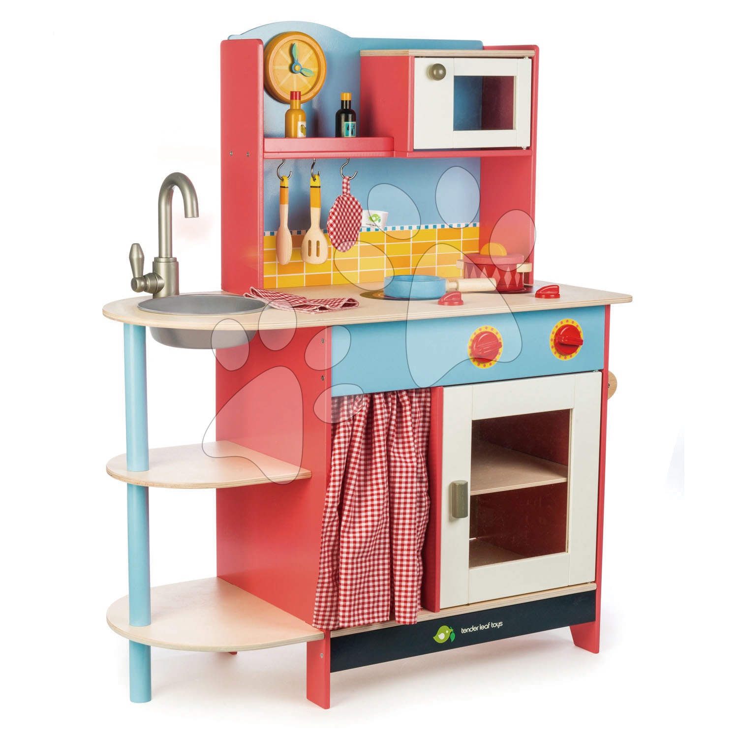 Dřevěné kuchyňky - Dřevěná kuchyňka Grand Kitchen Tender Leaf Toys 10 doplňků s mikrovlnkou a hodinami