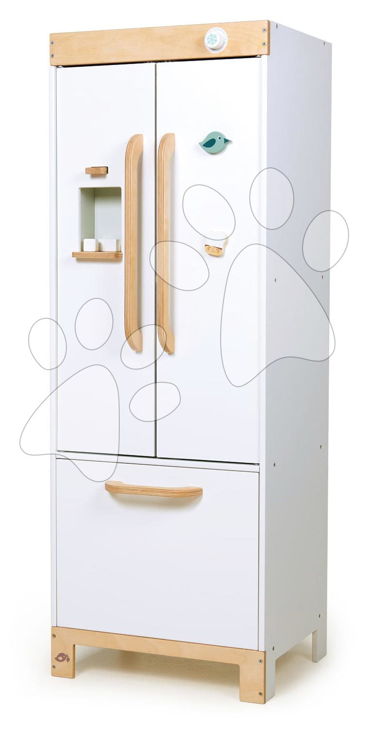 Dřevěné kuchyňky - Dřevěná chladnička dvoukřídlová Refridgerator Tender Leaf Toys s úložným boxem a výroba ledu 101 cm výška