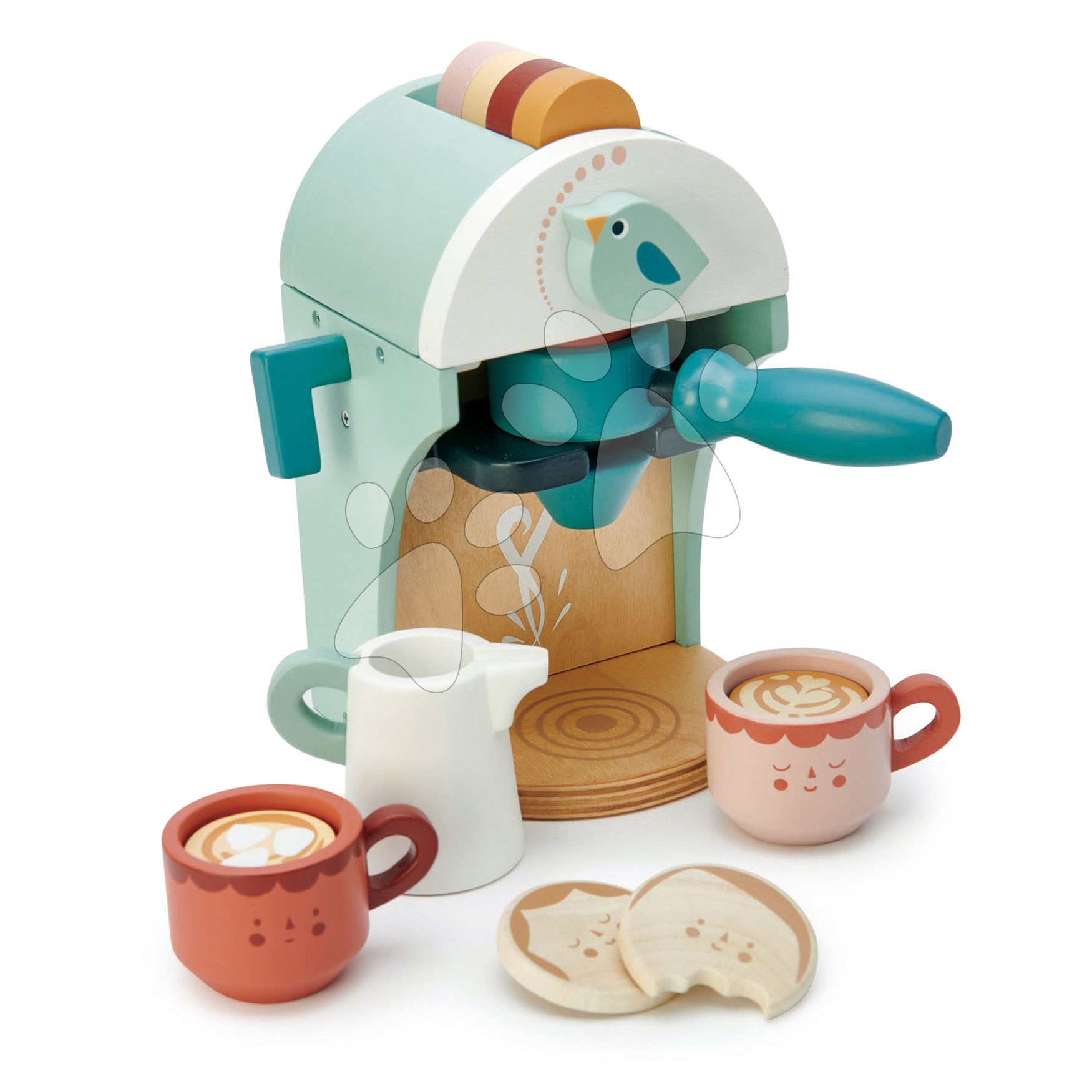 Dřevěný kávovar Cappuccino Babyccino Maker Tender Leaf Toys s dvěma šálky a sušenkami s mlékem