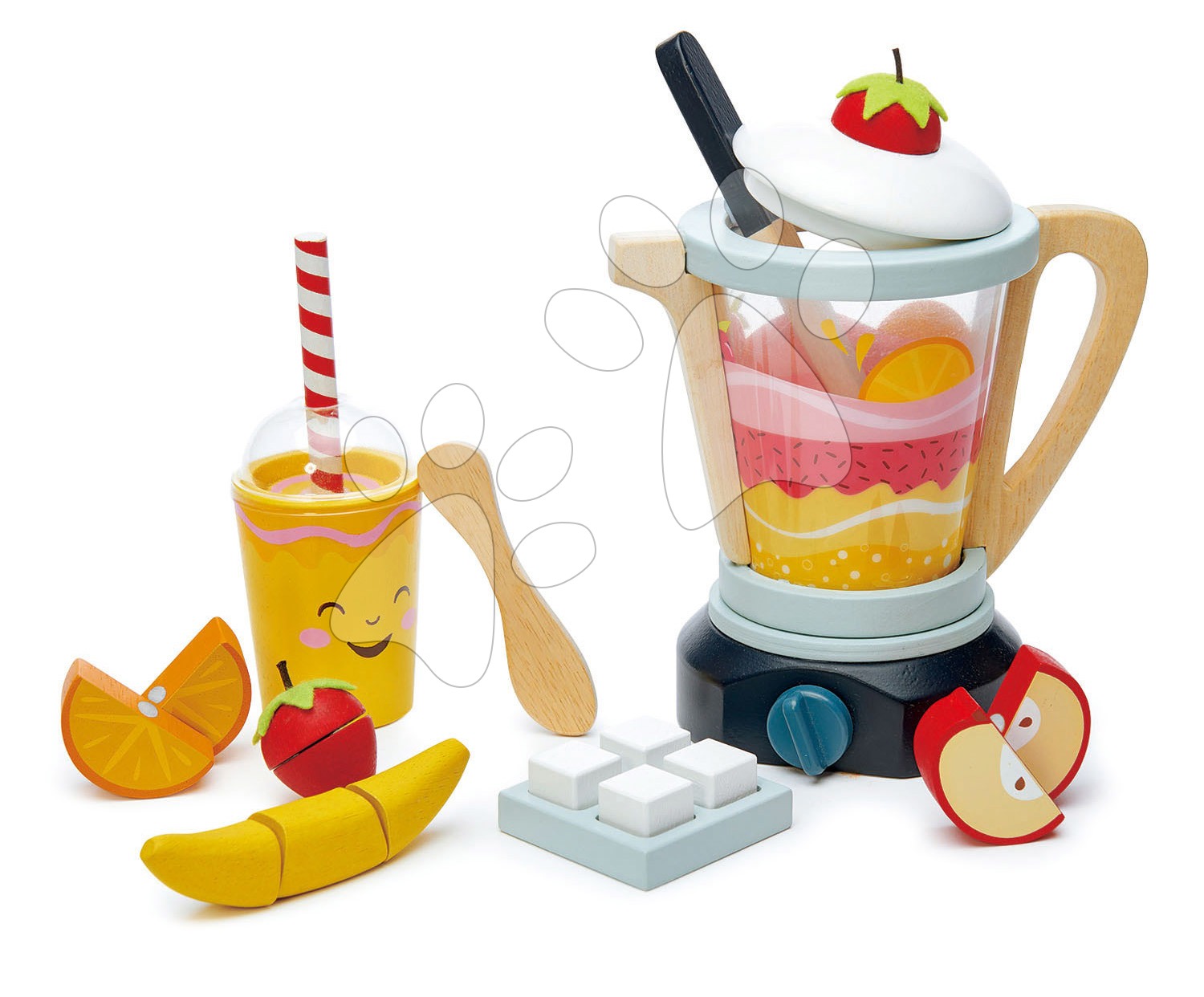 Dřevěný mixér Fruity Blender Tender Leaf Toys s kelímkem, ovocem a kostky ledu