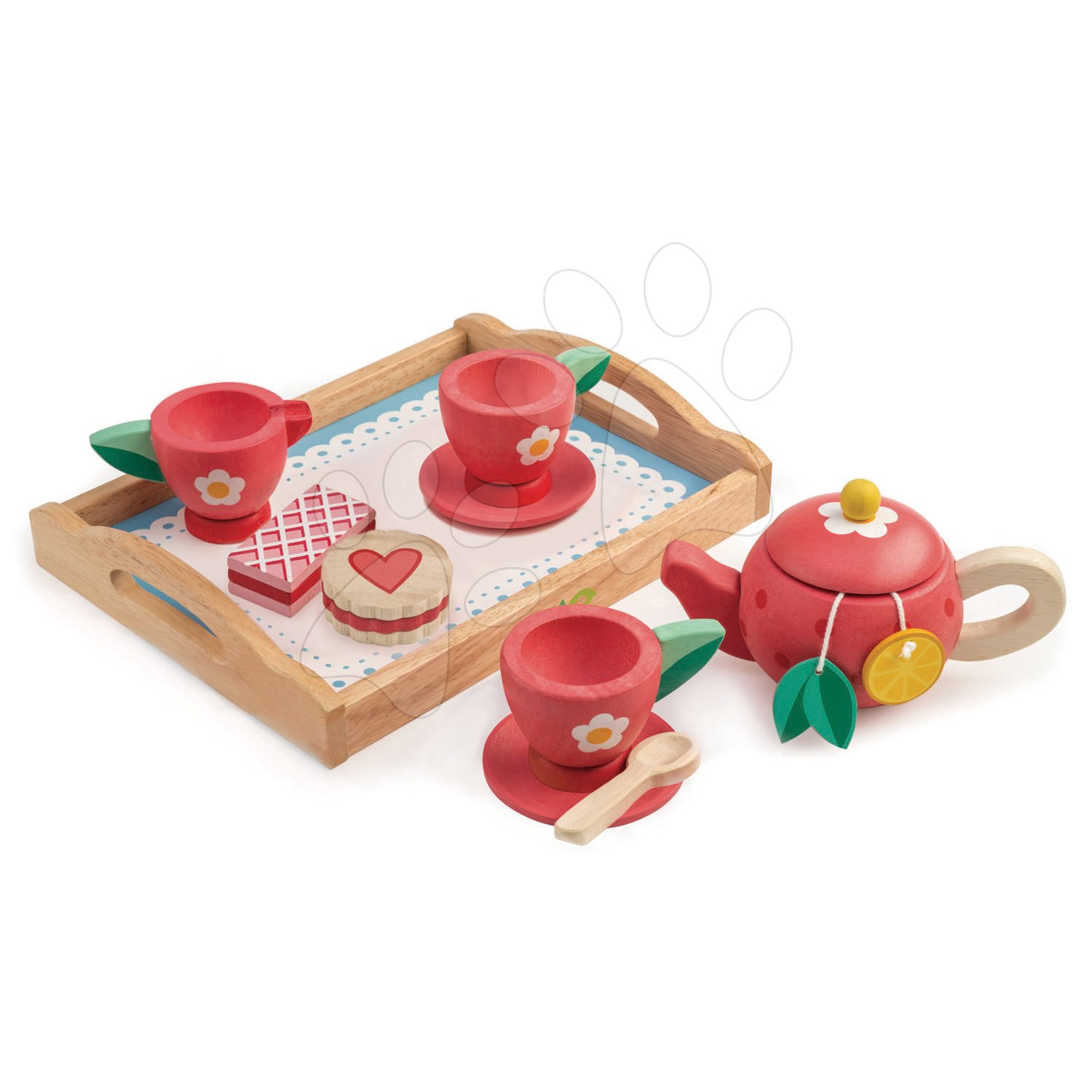 E-shop Drevená tácka s čajovou súpravou Tea Tray Tender Leaf Toys 12-dielna súprava s čajníkom a koláčmi