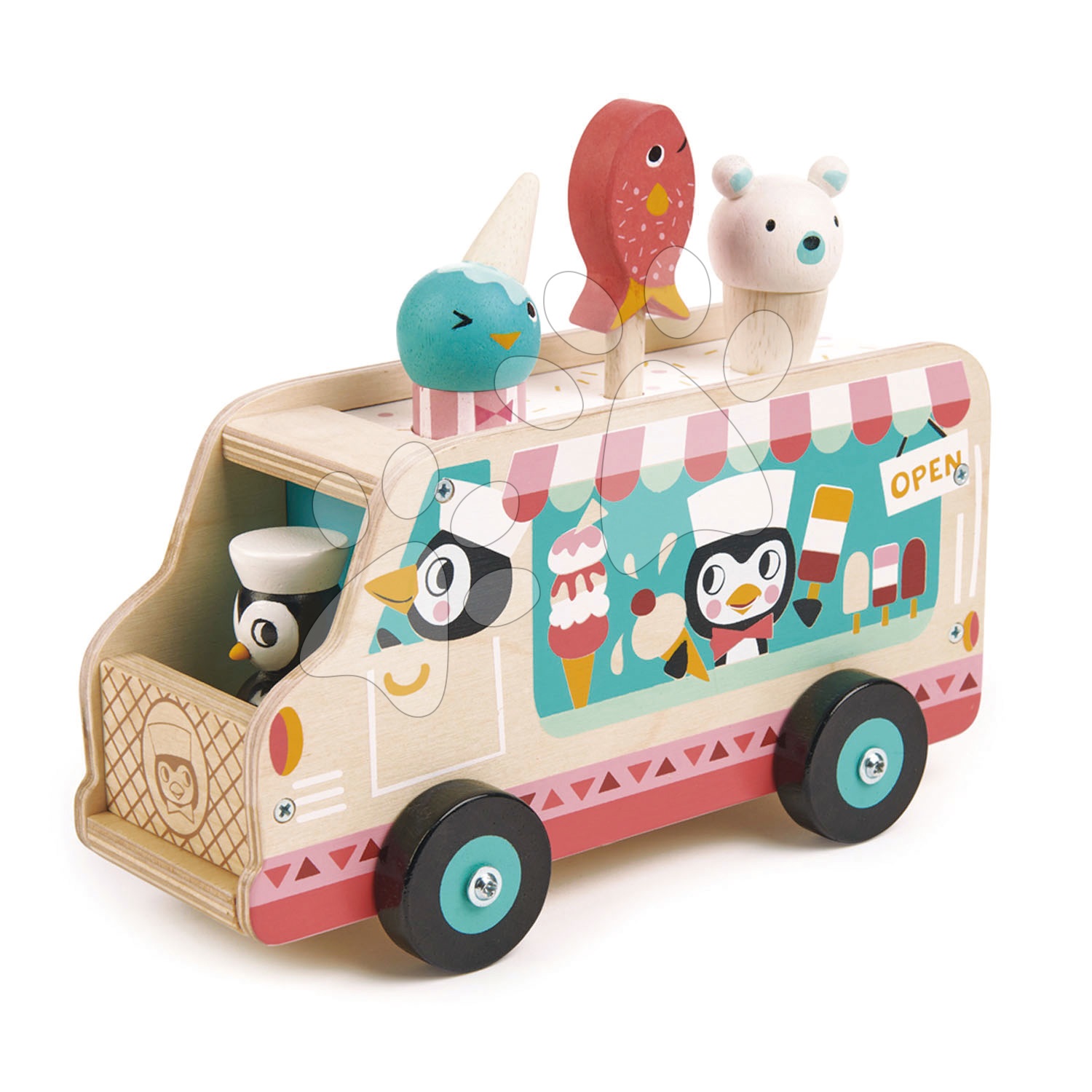 Fa fagyiskocsi Penguin's Gelato Van Tender Leaf Toys pingvinnel és fagylaltokkal 18 hó-tól