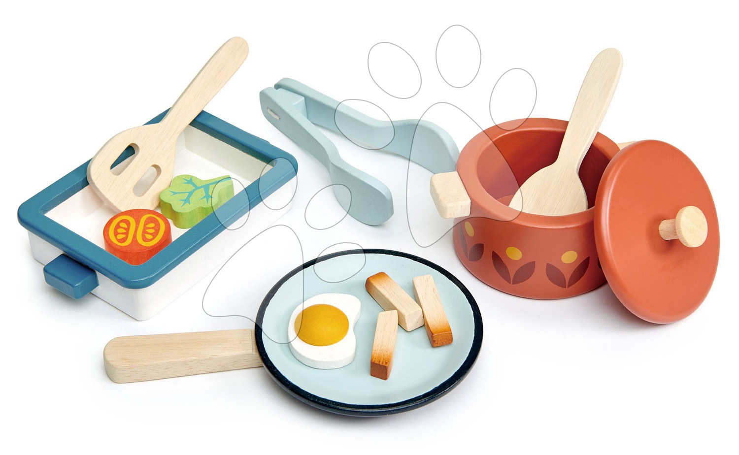 Dřevěné nádobí s pánví Pots and Pans Tender Leaf Toys s vařečkou a potravinami