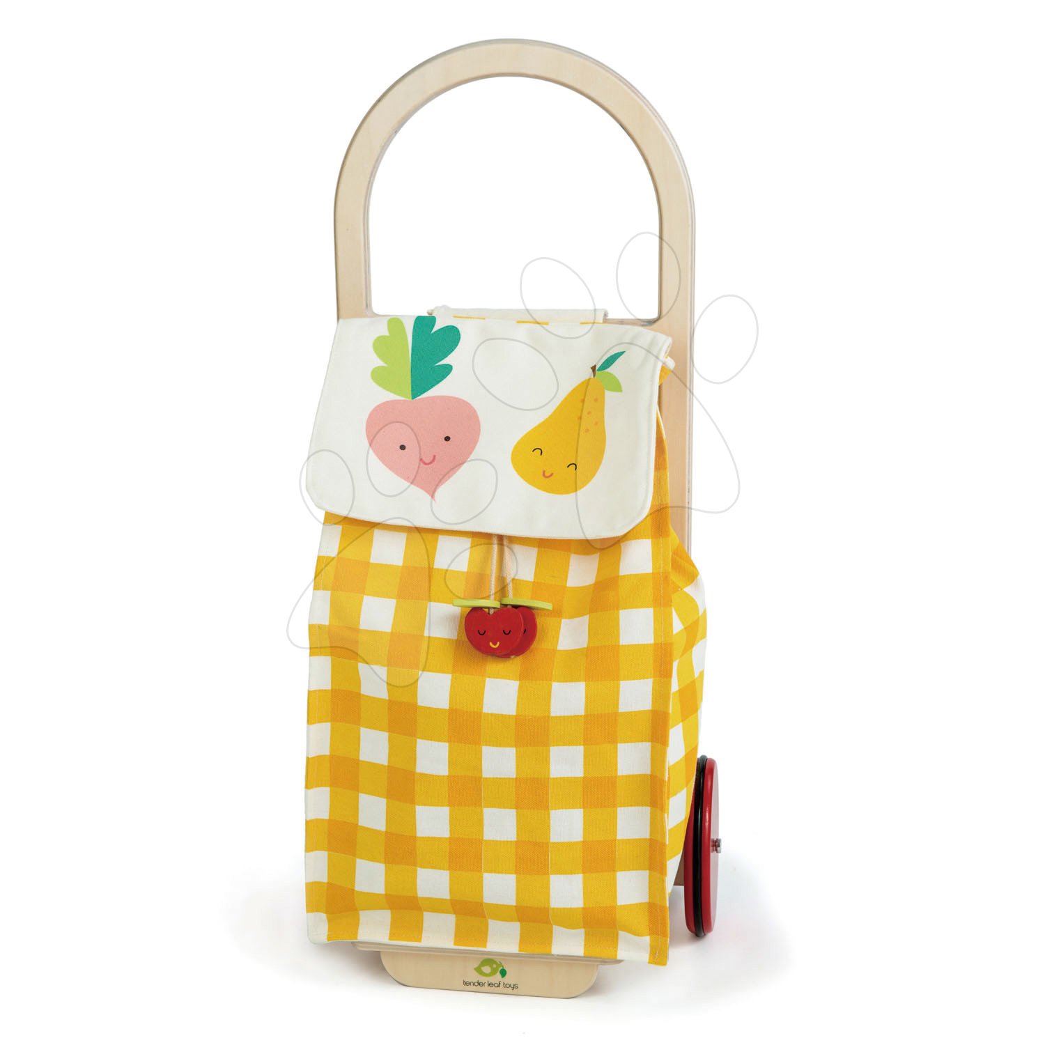 Nákupní vozík z textilu Shopping Trolley Yellow Tender Leaf Toys s dřevěnou konstrukcí