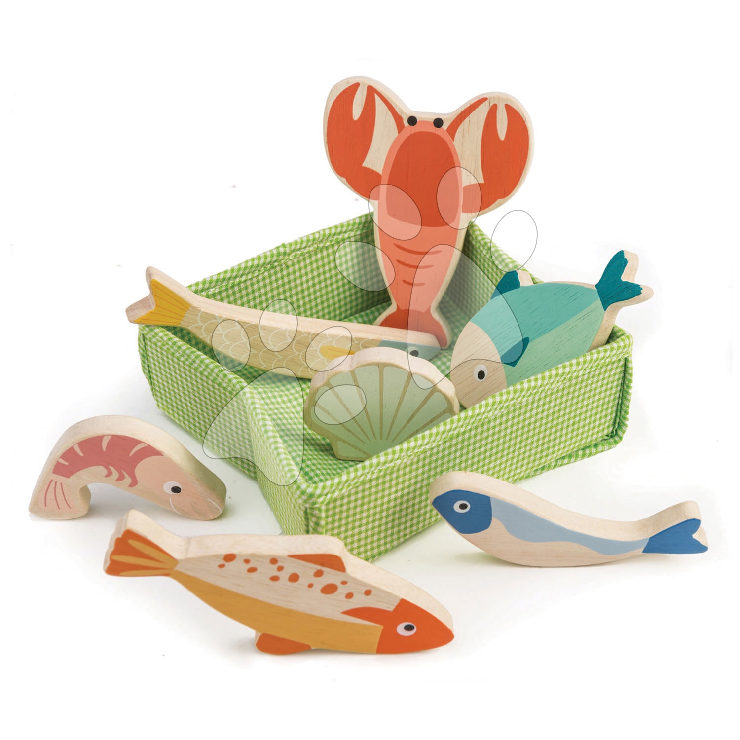 E-shop Drevené ryby a dary mora Fish Crate Tender Leaf Toys 7 kusov v textilnom košíku