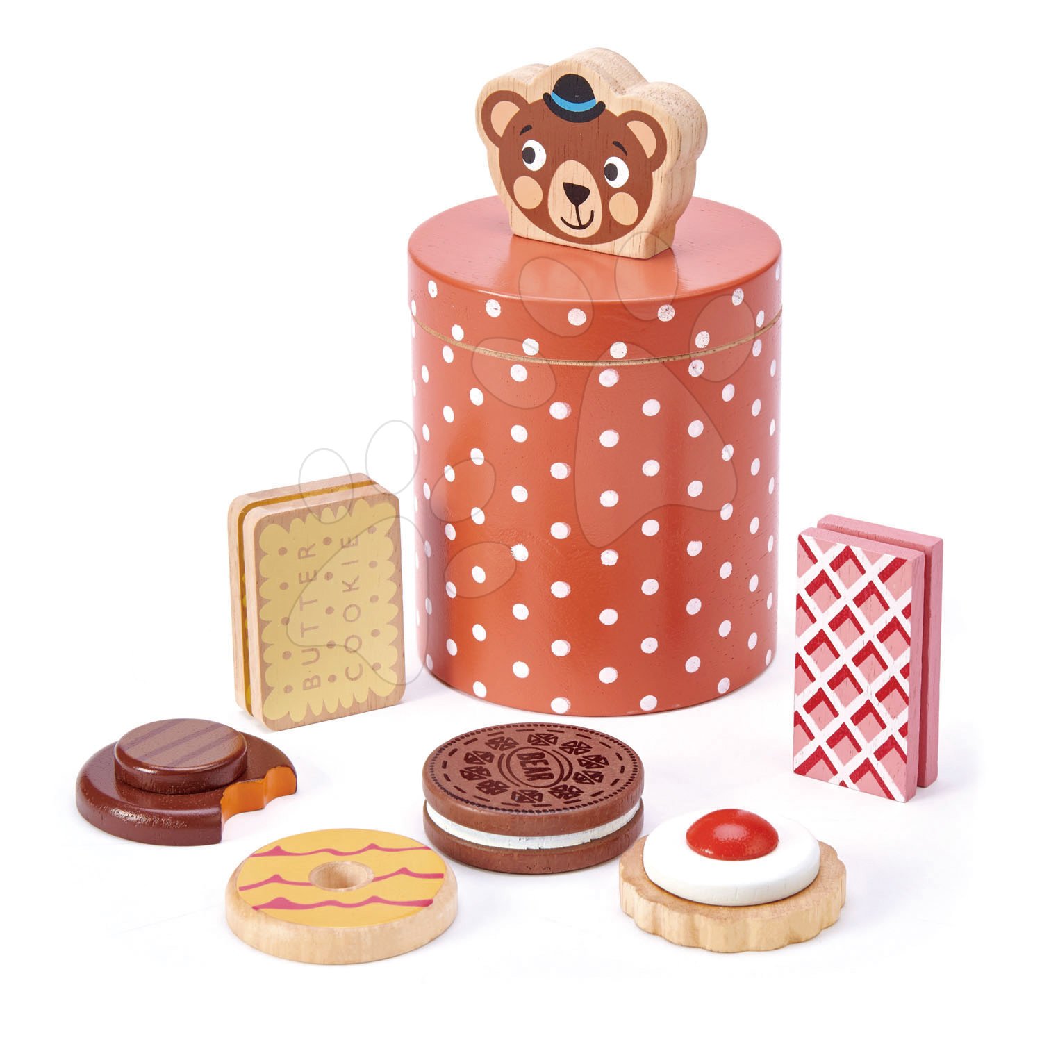 Drevená nádoba s keksíkmi Bear\'s Biscuit Barrel Tender Leaf Toys 6 druhov sladkostí