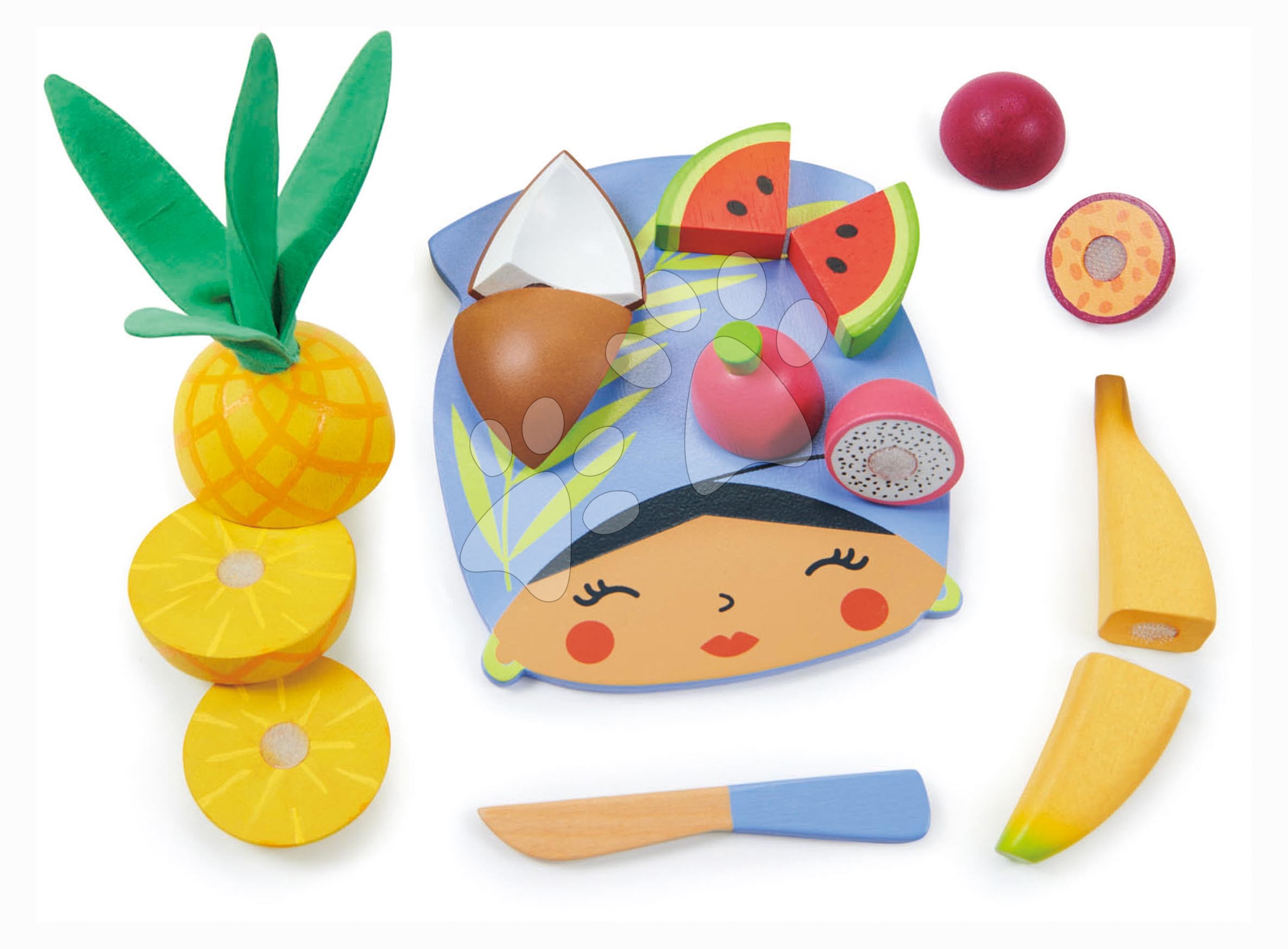 Fa tálca trópusi gyümölcsökkel Tropical Fruit Chopping Board Tender Leaf Toys késsel a szeleteléshez 24 hó-tól TL8281