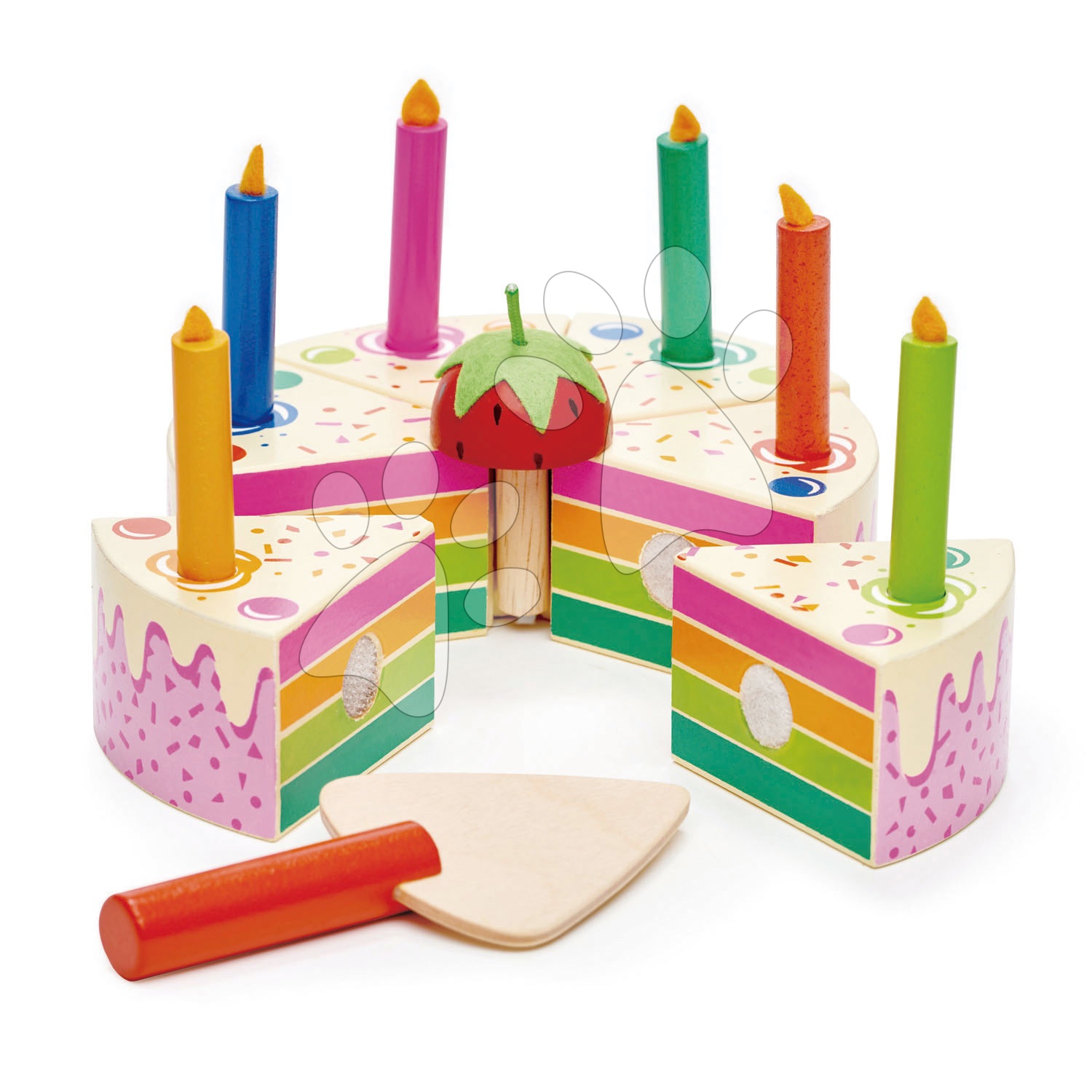 E-shop Drevená torta s jahodou Rainbow Birthday Cake Tender Leaf Toys 6 kúskov so 6 sviečkami