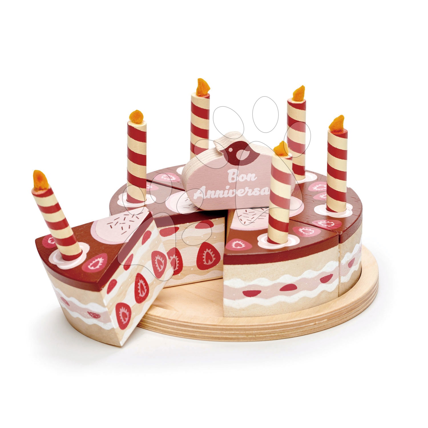 Dřevěný čokoládový dort Chocolate Birthday Cake Tender Leaf Toys 6 kousků se 6 svíčkami na talíři