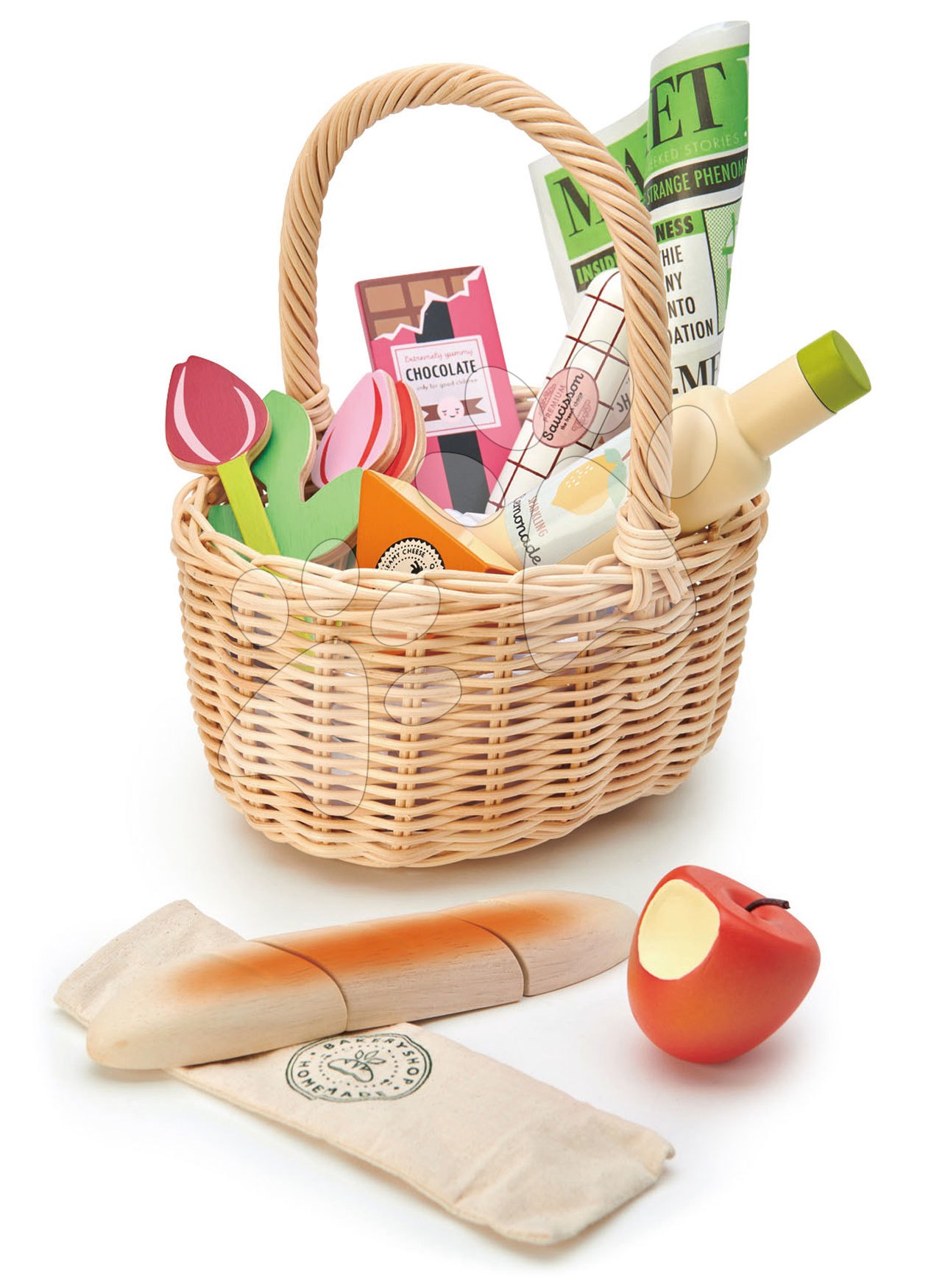 Dřevěné kuchyňky - Dřevěný košík s tulipány Wicker Shopping Basket Tender Leaf Toys s čokoládou limonádou sýrem a jinými potravinami
