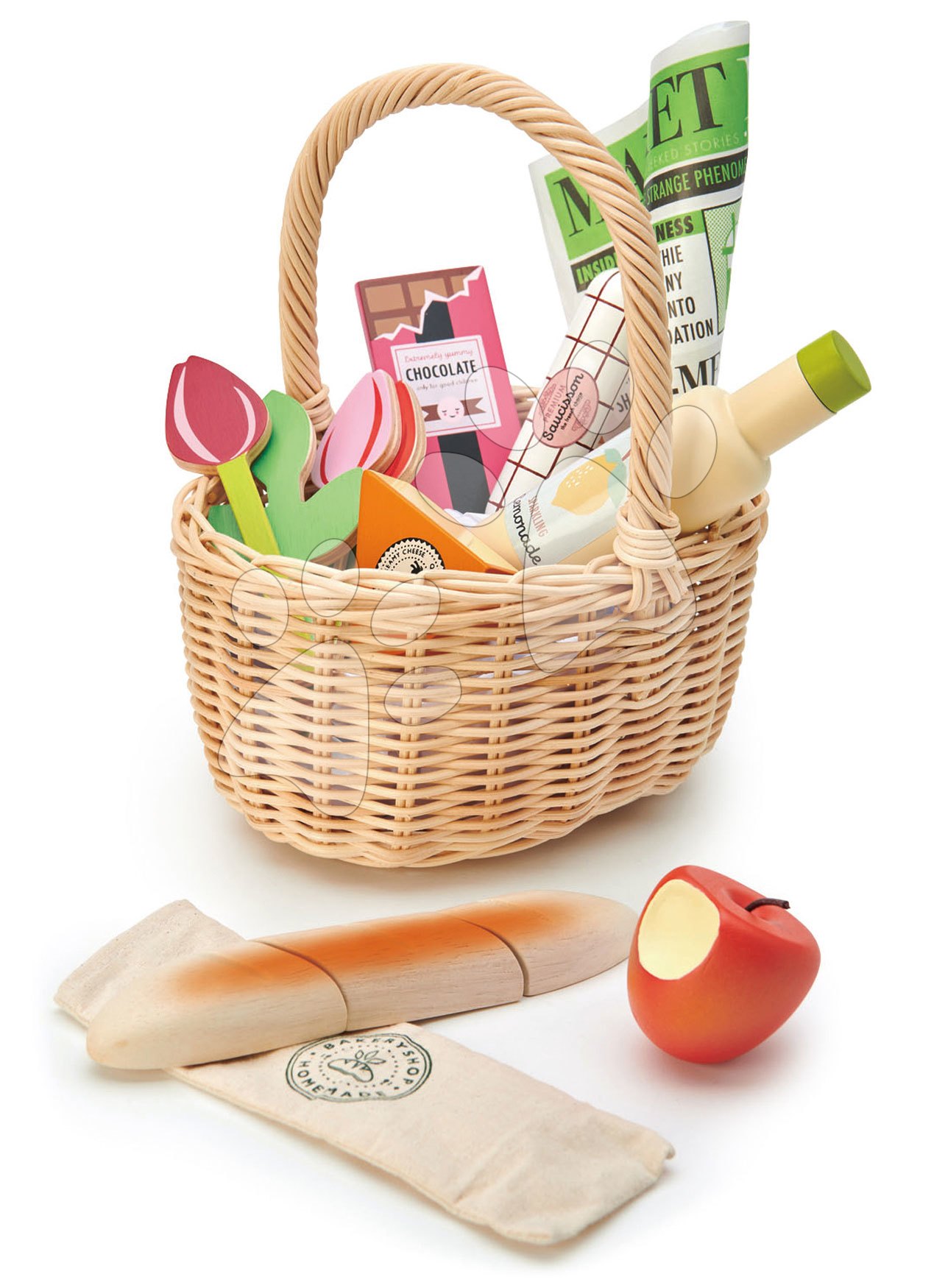 E-shop Drevený košík s tulipánmi Wicker Shopping Basket Tender Leaf Toys s čokoládou limonádou syrom a inými potravinami