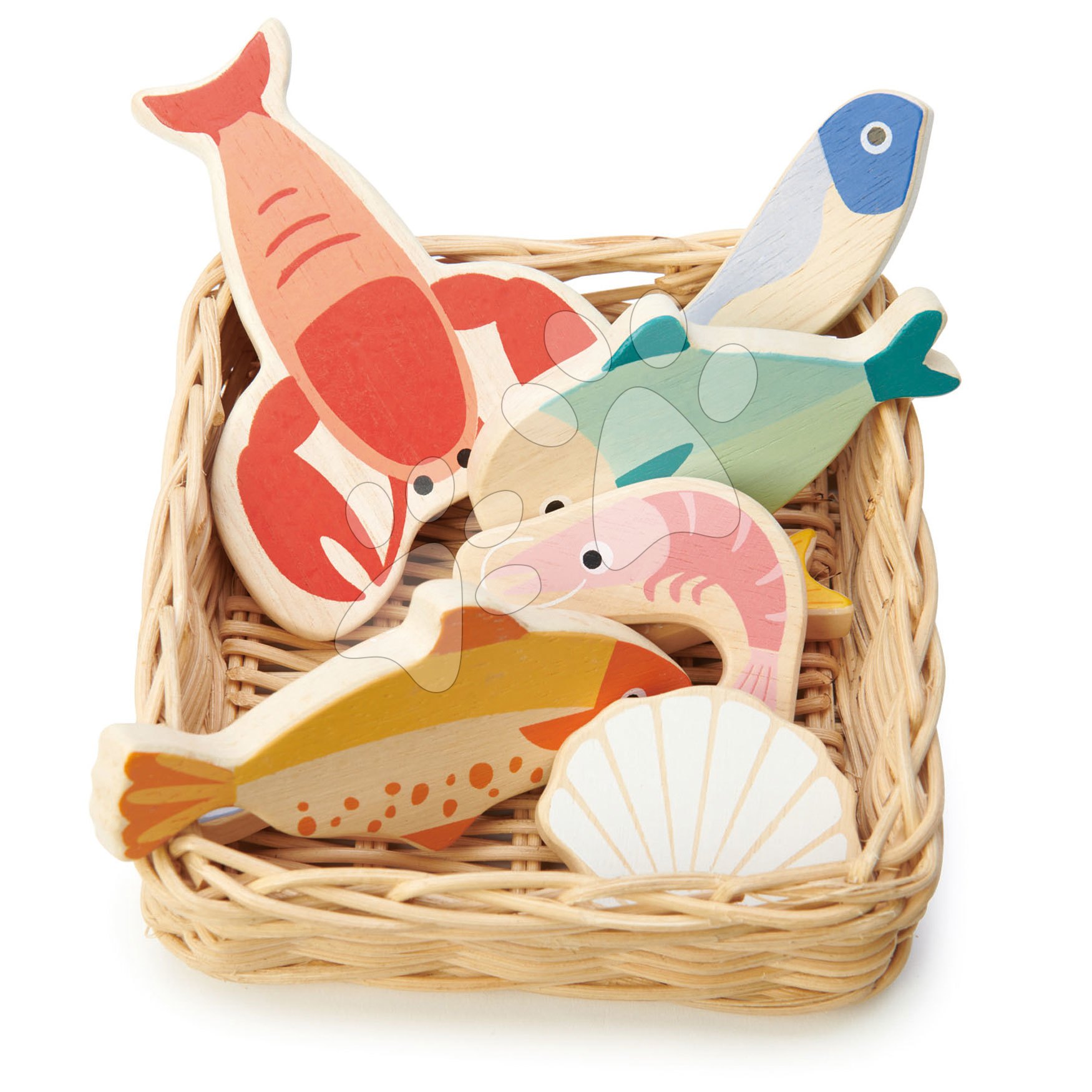 Drevený košík s morskými plodmi Seafood Basket Tender Leaf Toys s rybami a mušľami