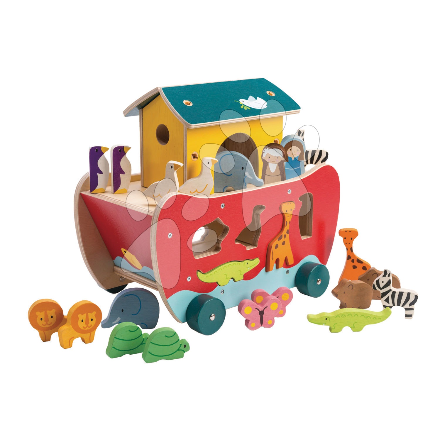 Dřevěná Noemova archa Noah\'s Shape Sorter Ark Tender Leaf Toys 23dílná s postavičkami, rozebíratelná od 18 měs