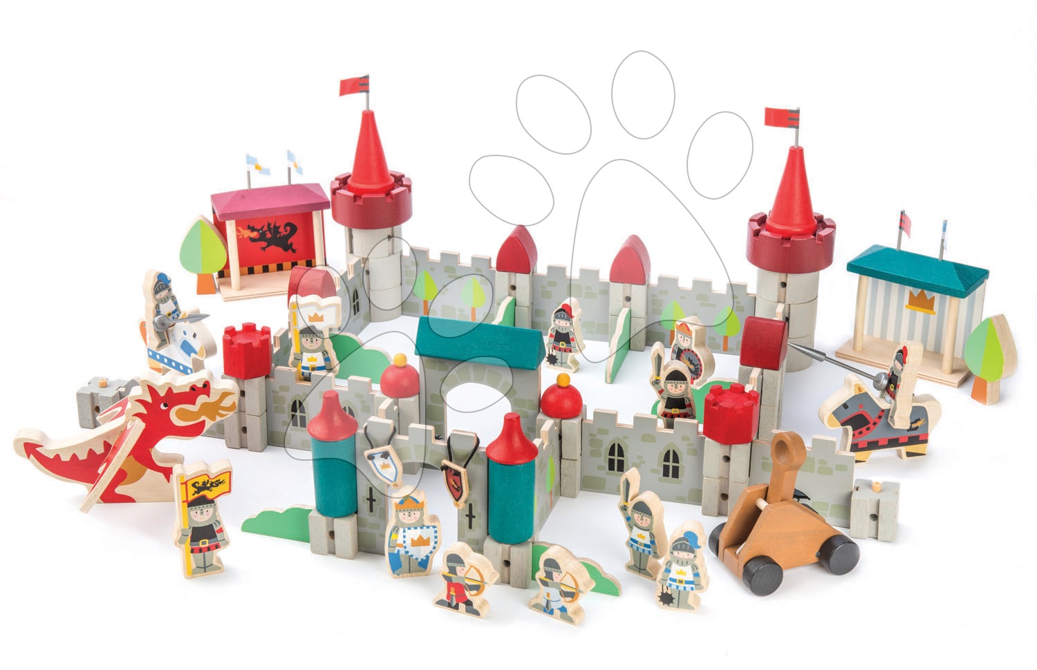 E-shop Drevený kráľovský hrad Royal Castle Tender Leaf Toys 100-dielna sada s rytiermi, koňmi a drakom