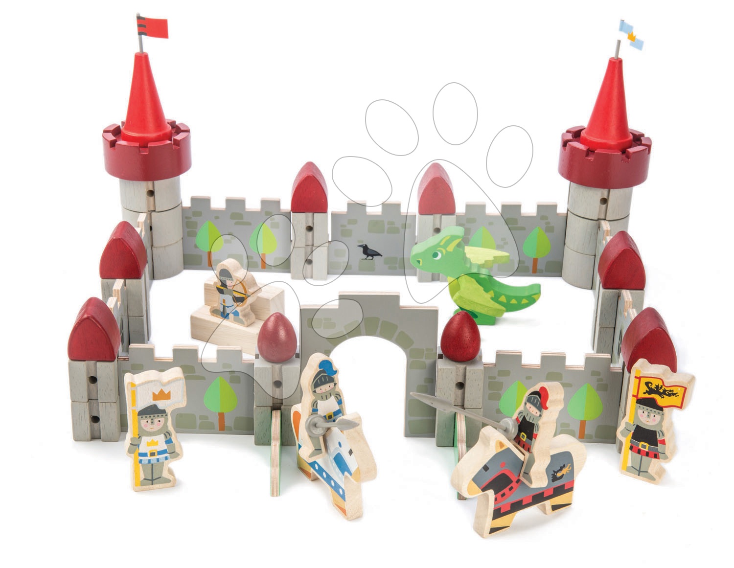 Dřevěný hrad Dragon Castle Tender Leaf Toys 59dílná sada se drakem a vojáky