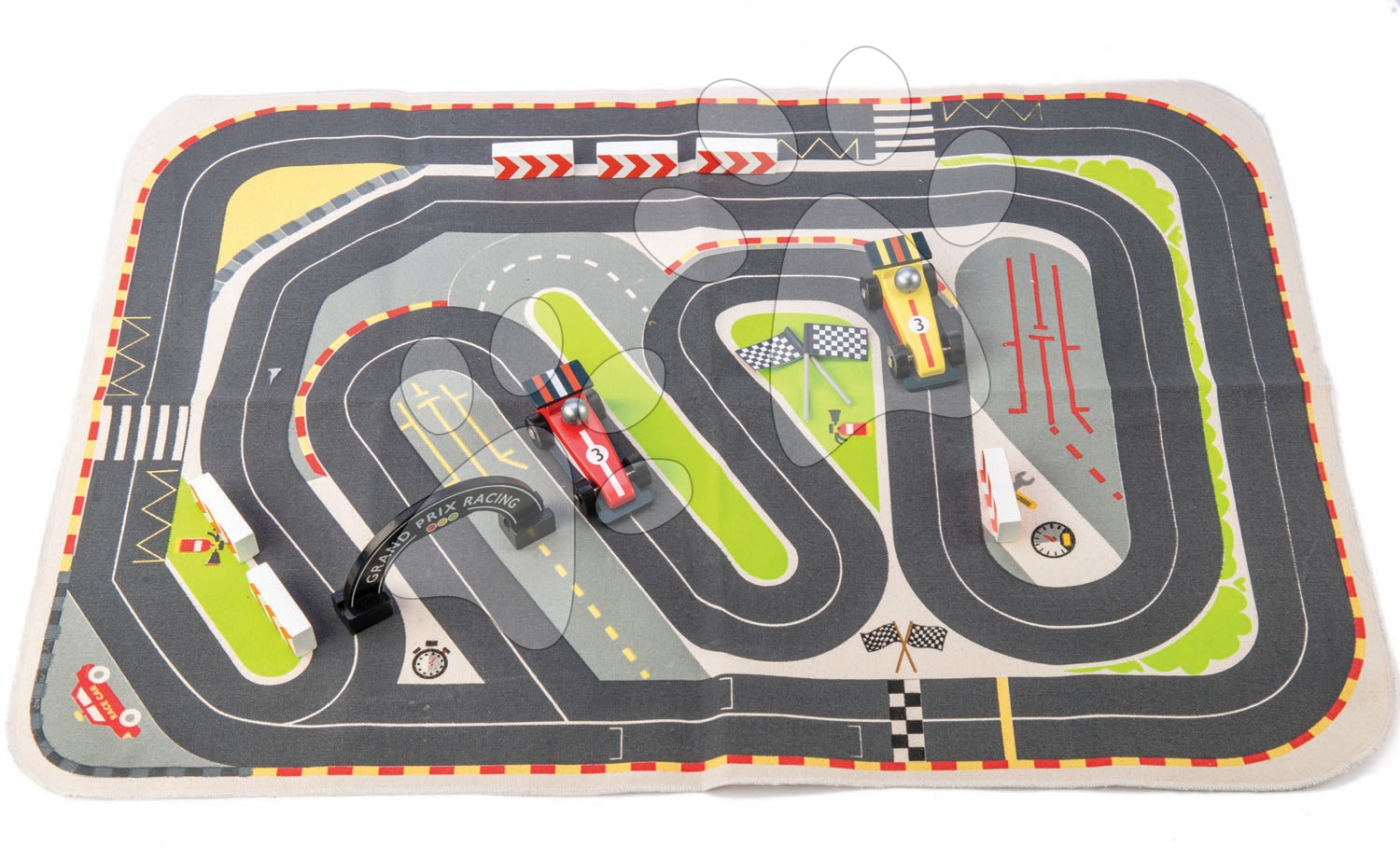 Drevené pretekárske autá Formula One Racing Playmat Tender Leaf Toys na plátenej dráhe a s doplnkami