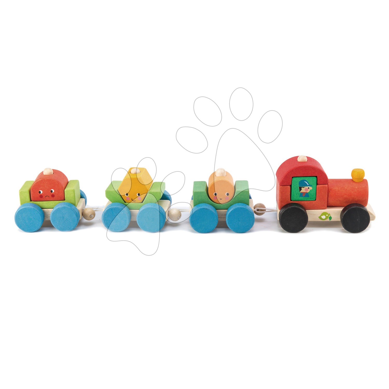 E-shop Drevený skladací vláčik Happy Train Tender Leaf Toys 14-dielna súprava s 3 vozňami a geometrickými tvarmi od 18 mes