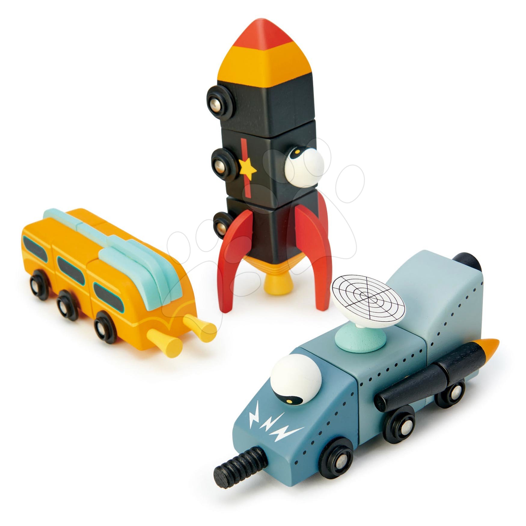 Drevené kozmické autá Space Race Tender Leaf Toys trojdielne skladacie kombinovateľné