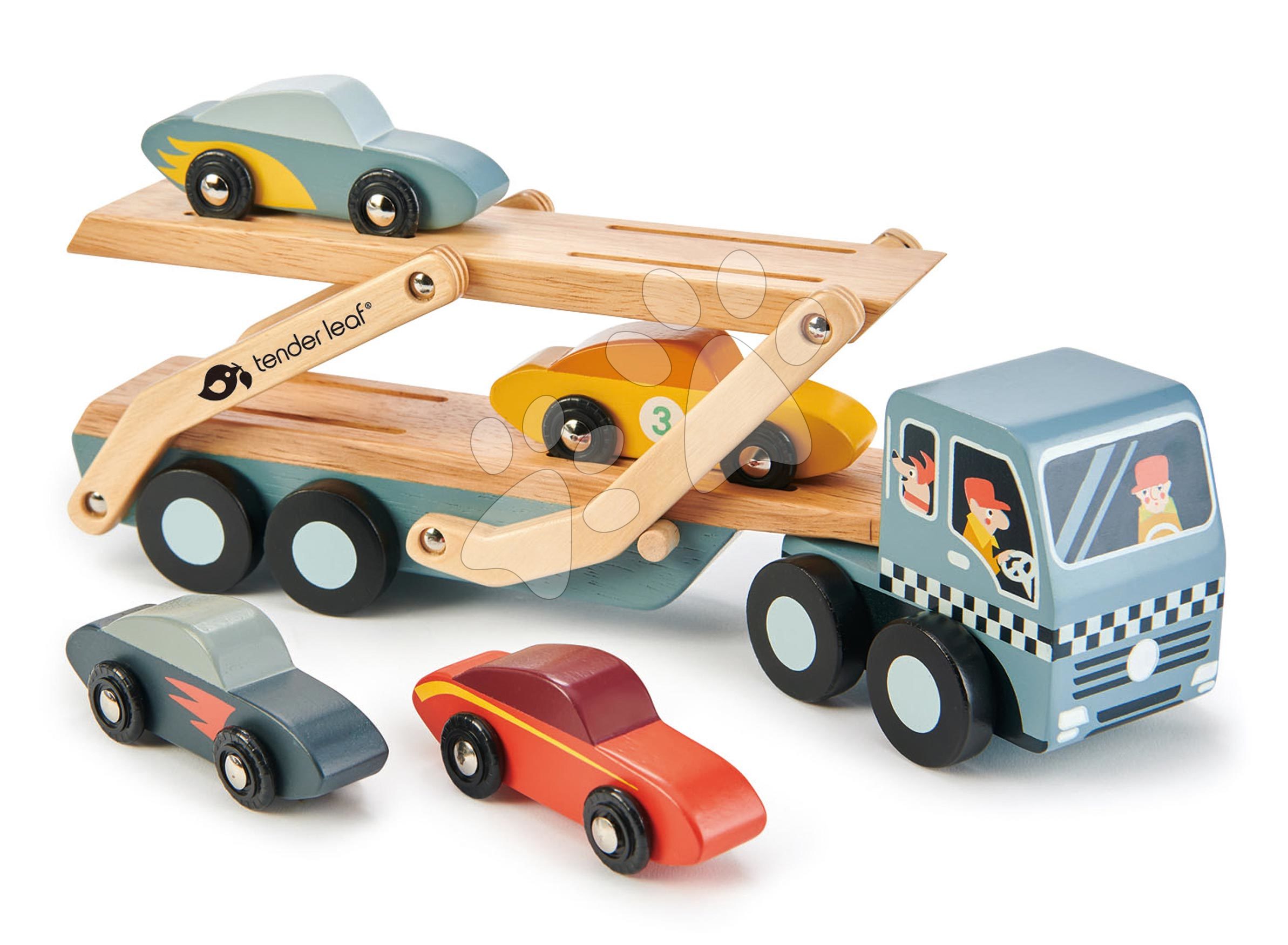 Drevený kamión Car Transporter Tender Leaf Toys s pohyblivou plošinou a 4 autíčkami