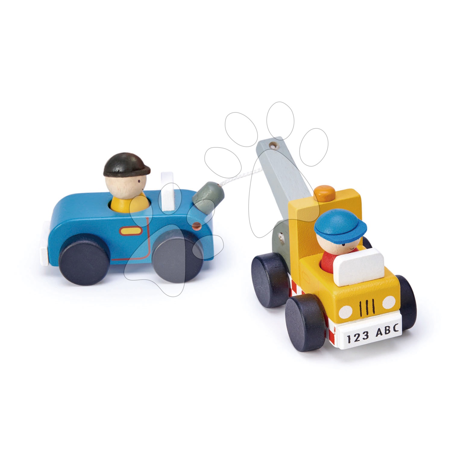 Fa vontatókocsi autóval Tow Truck Tender Leaf Toys és két figurával