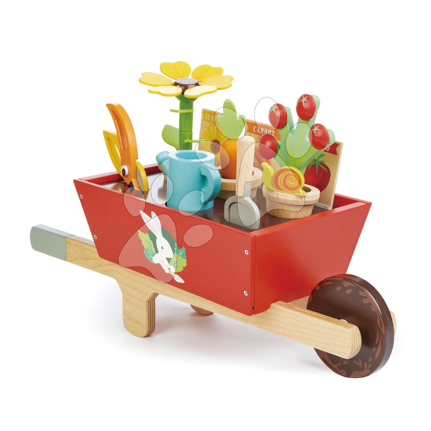 Fa talicska kerti szerszámokkal Garden Wheelbarrow Tender Leaf Toys 13 részes virágtartók locsolókannával és növényekkel