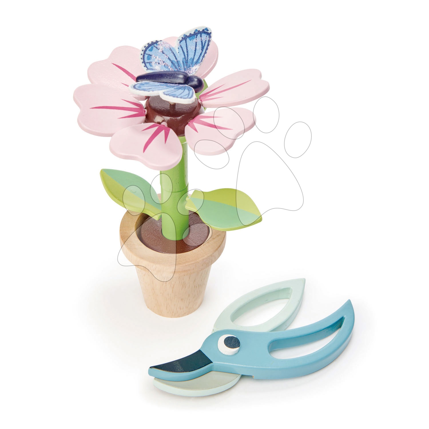 Dřevěná květina v květináči Blossom Flowerpot Tender Leaf Toys rozebíratelná s motýlem a nůžkami