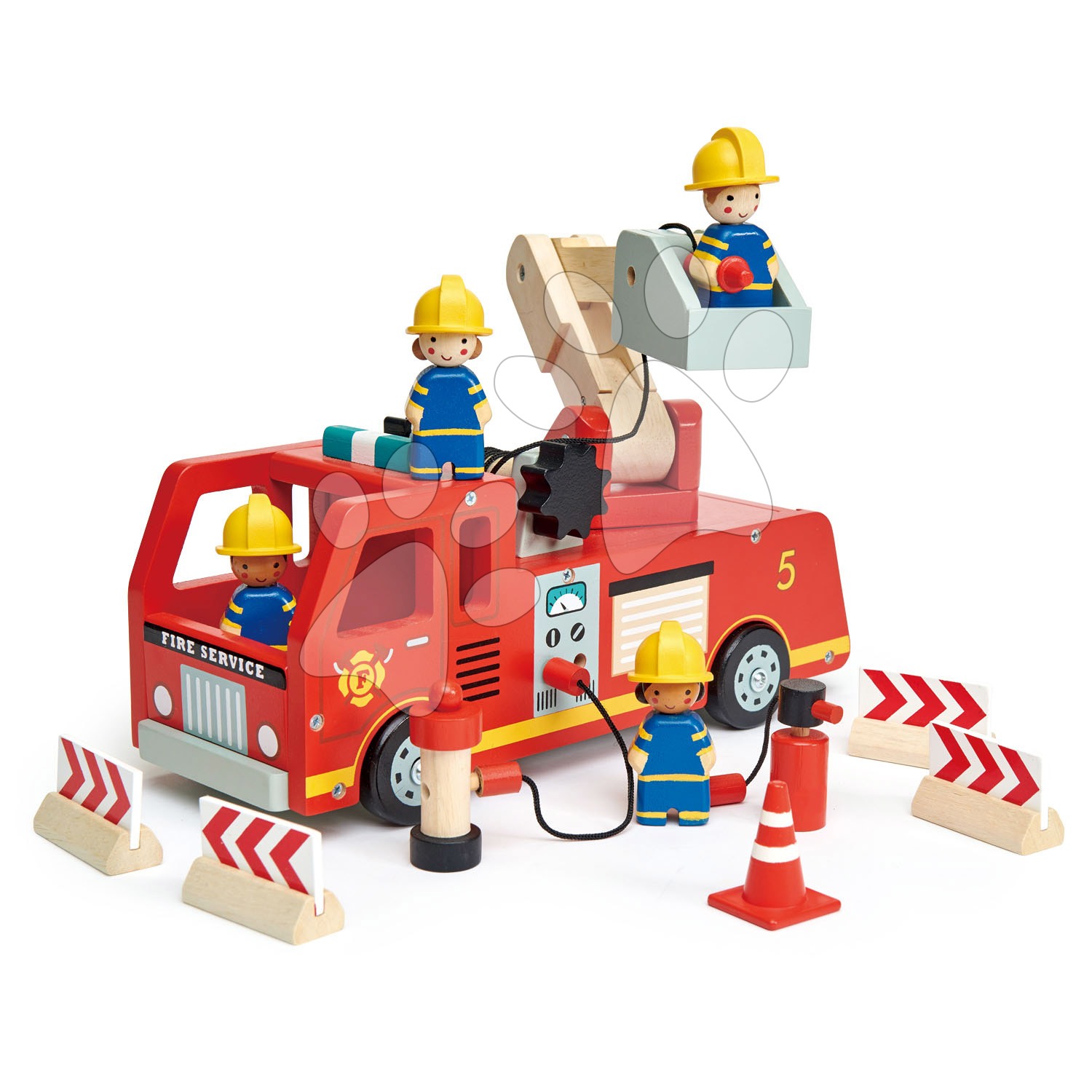 E-shop Drevené hasičské auto Fire Engine Tender Leaf Toys s funkčnou plošinou a 4 hasiči s doplnkami