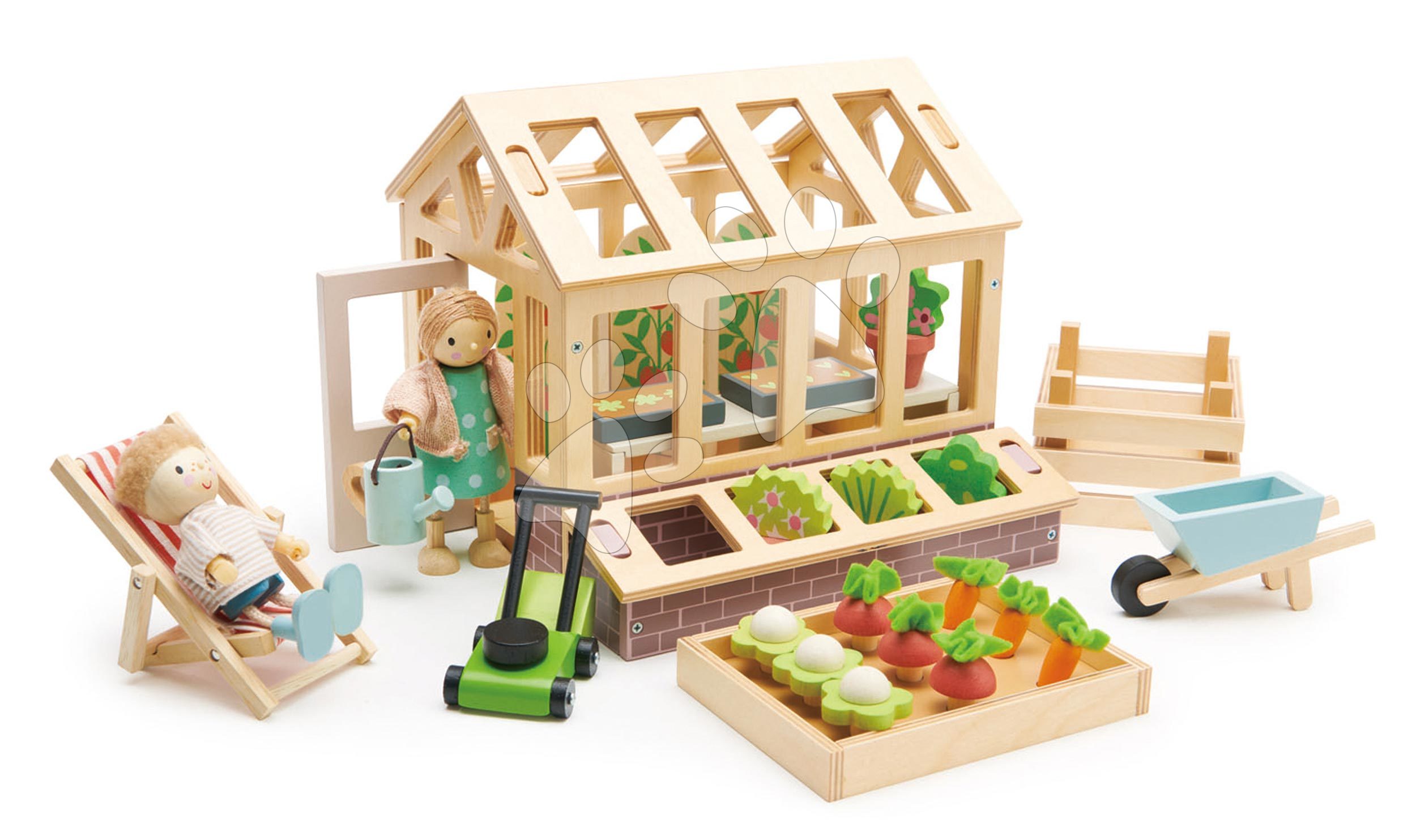 Drevený skleník Greenhouse and Garden Set Tender Leaf Toys s otváracou strechou a 9 druhov zeleniny pre bábiku