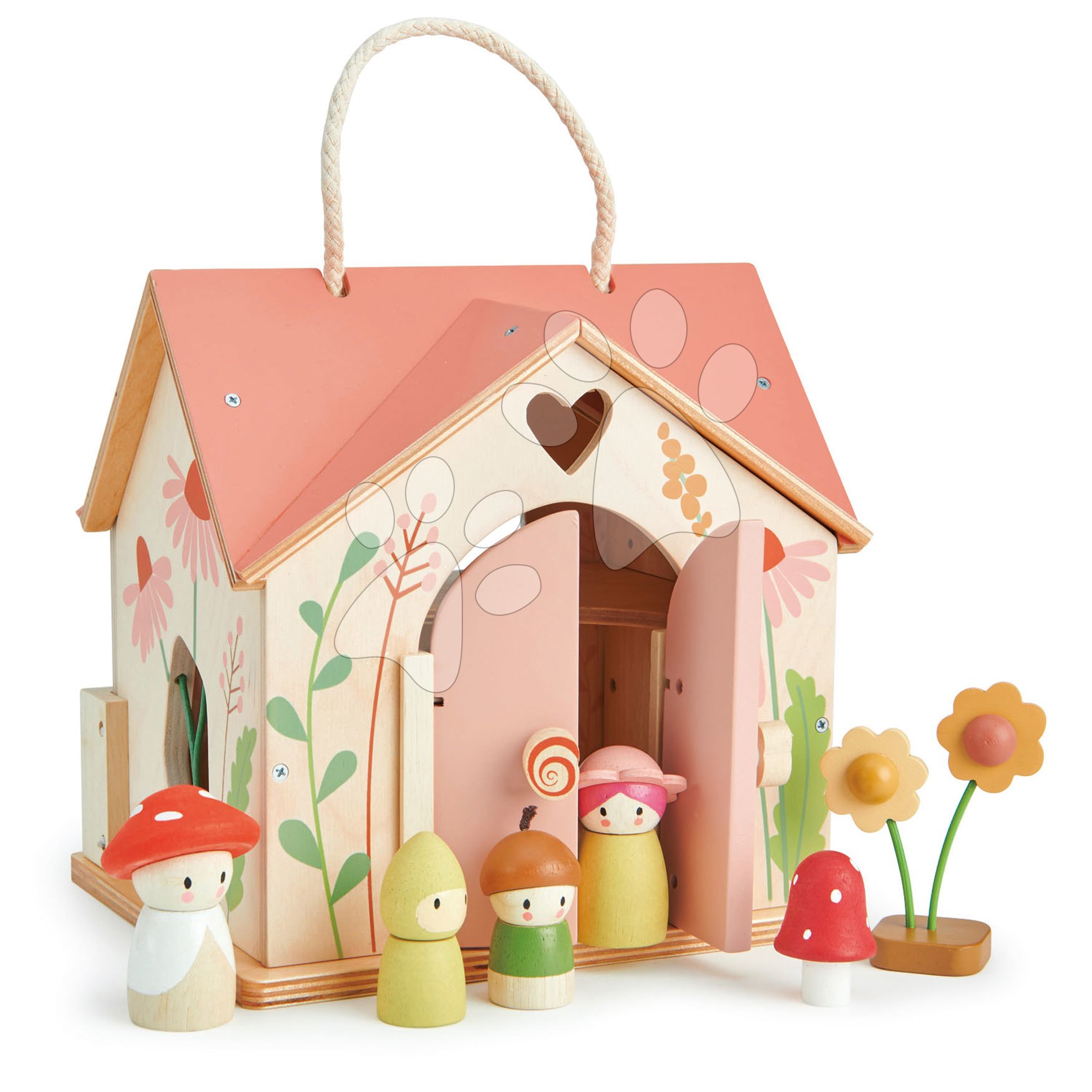 Drevený lesný domček Rosewood Cottage Tender Leaf Toys s hojdačkou záhradkou a 4 postavičkami