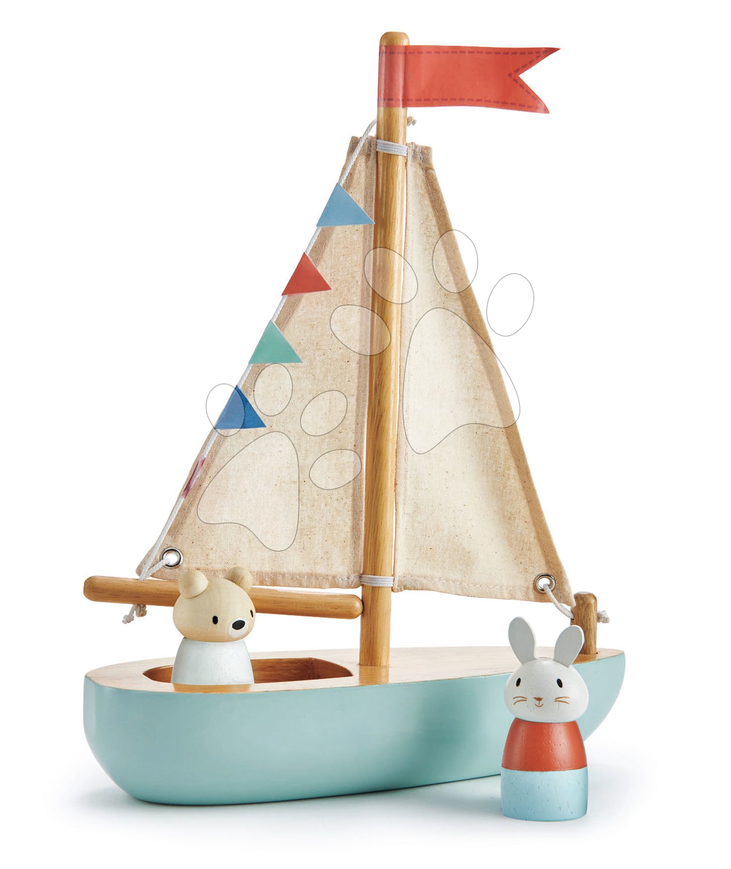 Drevená plachetnica Sailaway Boat Tender Leaf Toys s dvoma plachtami a zajačik s medvedíkom