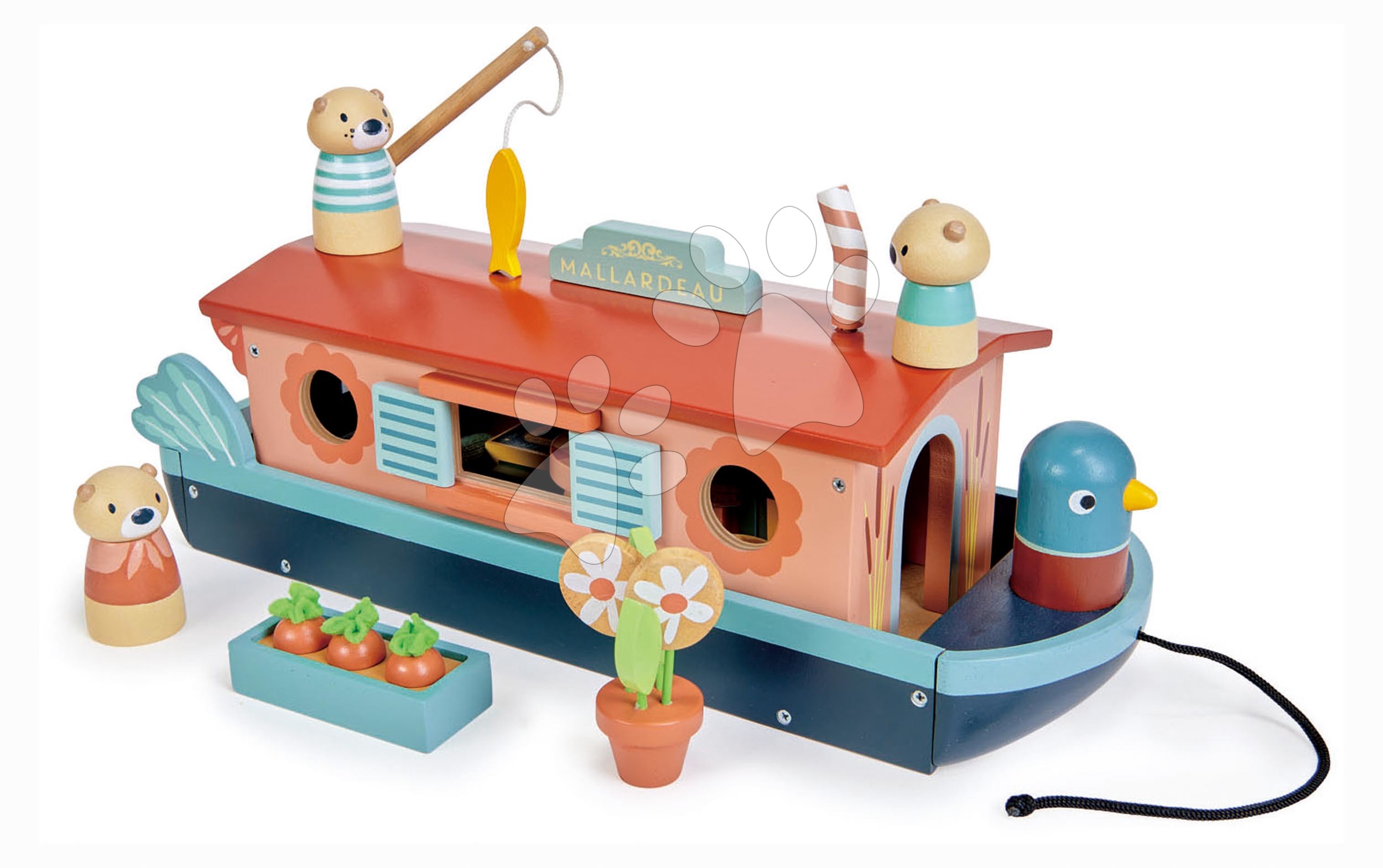 E-shop Drevená loďka Little Otter Canal Boat Tender Leaf Toys s 3 figúrkami vydier a 14 doplnkami