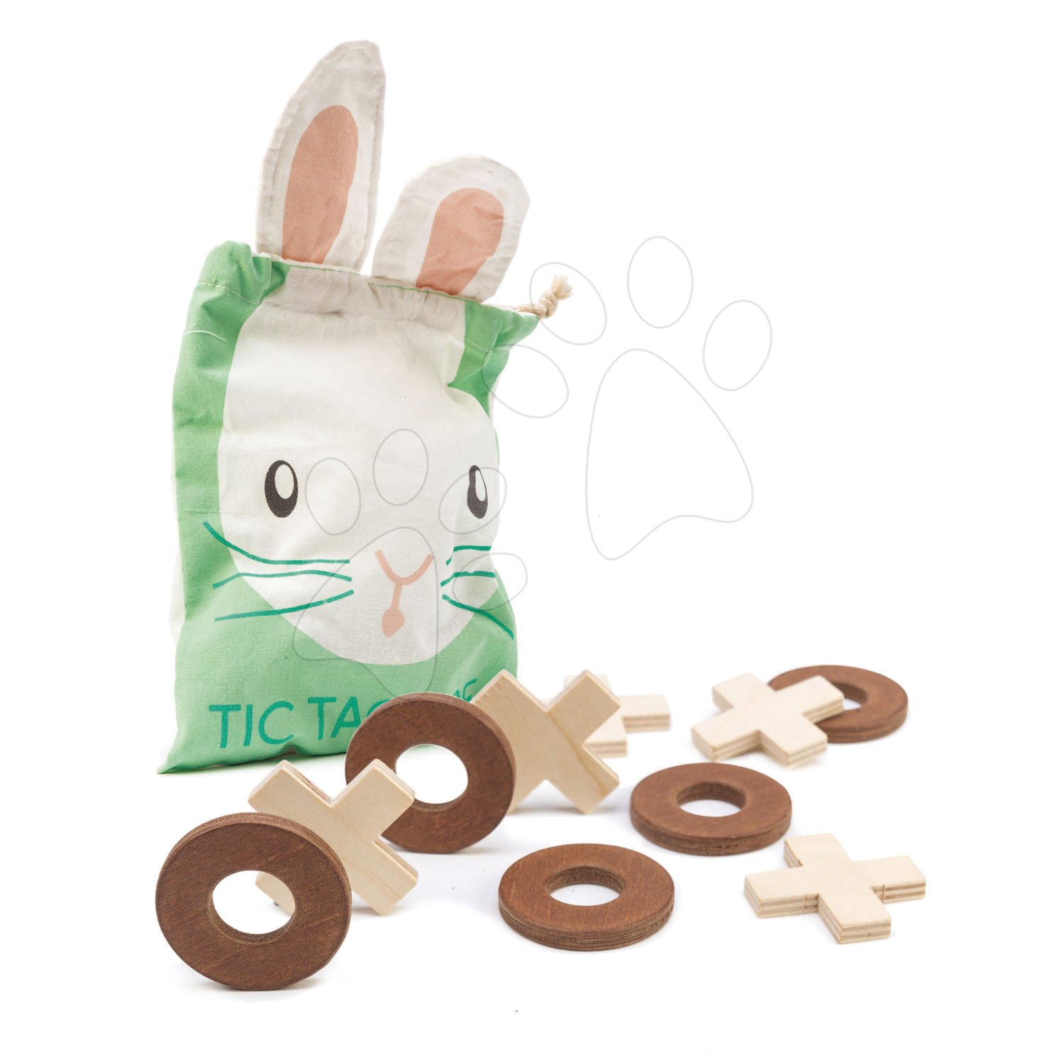 Drevená logická hra Tic Tac Toe Tender Leaf Toys 5 krúžkov a 5 krížov v plátenom vrecúšku