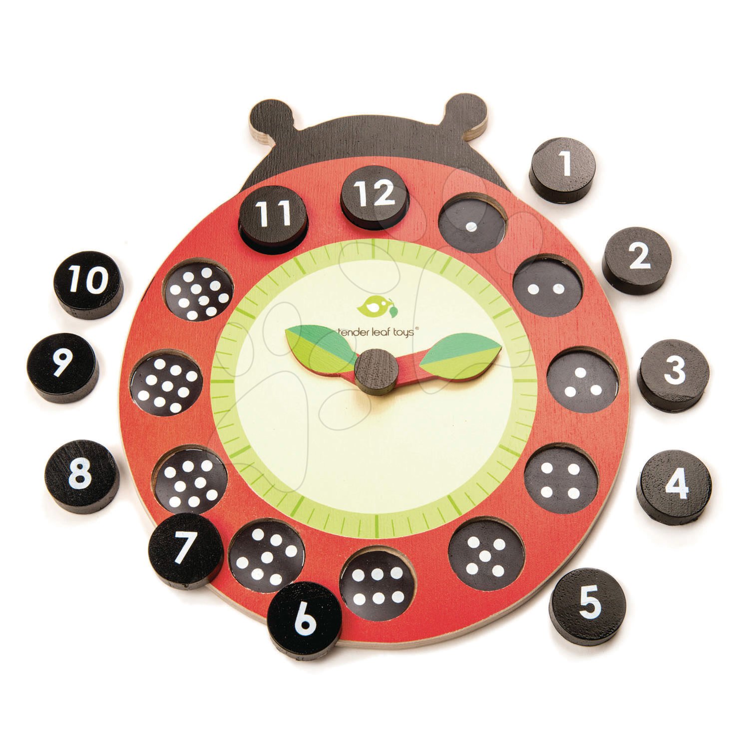 Drevené magnetické hodiny s lienkou Ladybug Teaching Clock Tender Leaf Toys závesné s 12 bodkovanými číslami