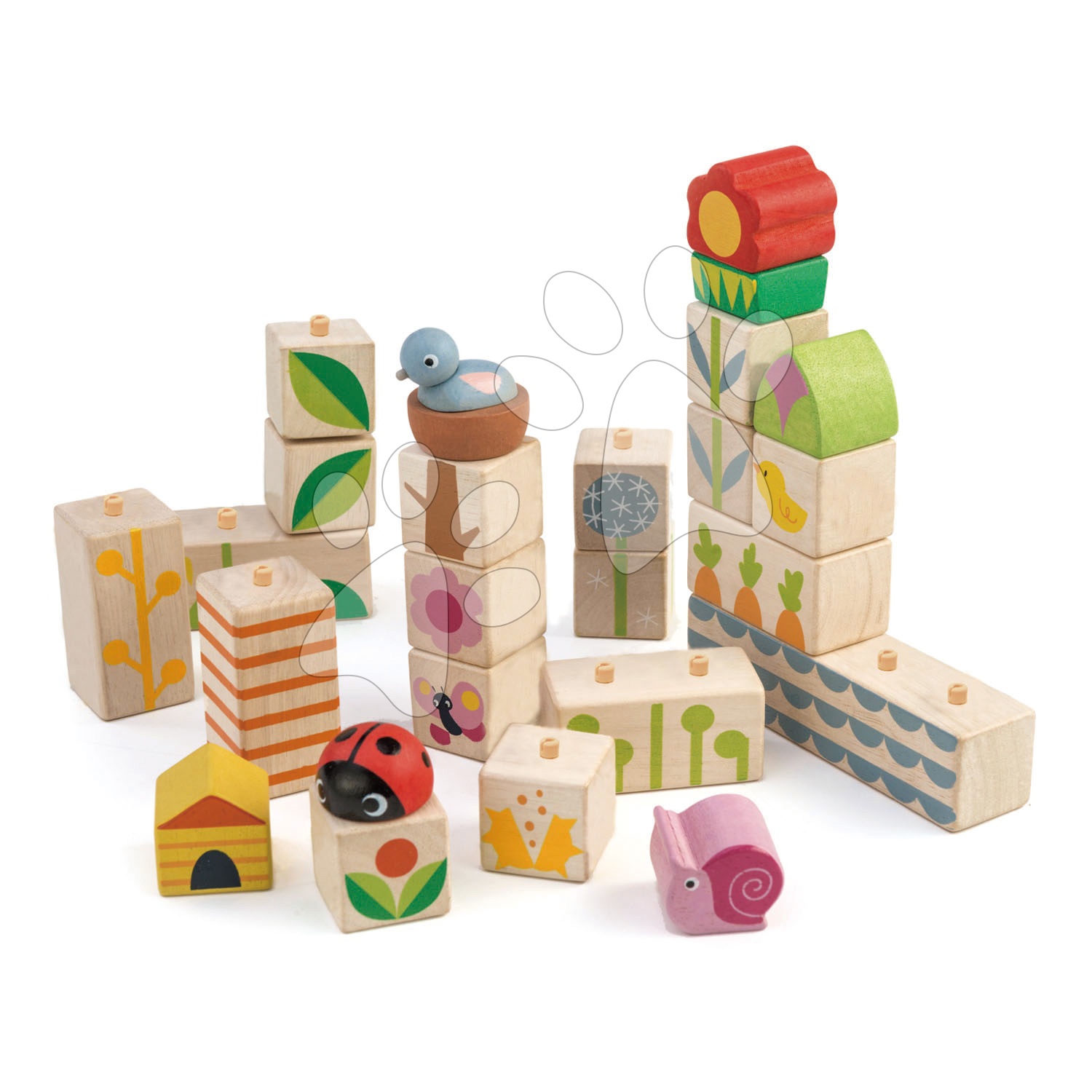 Fakockák kert hangulattal Garden Blocks Tender Leaf Toys festett ábrákkal 24 darabos 18 hó-tól